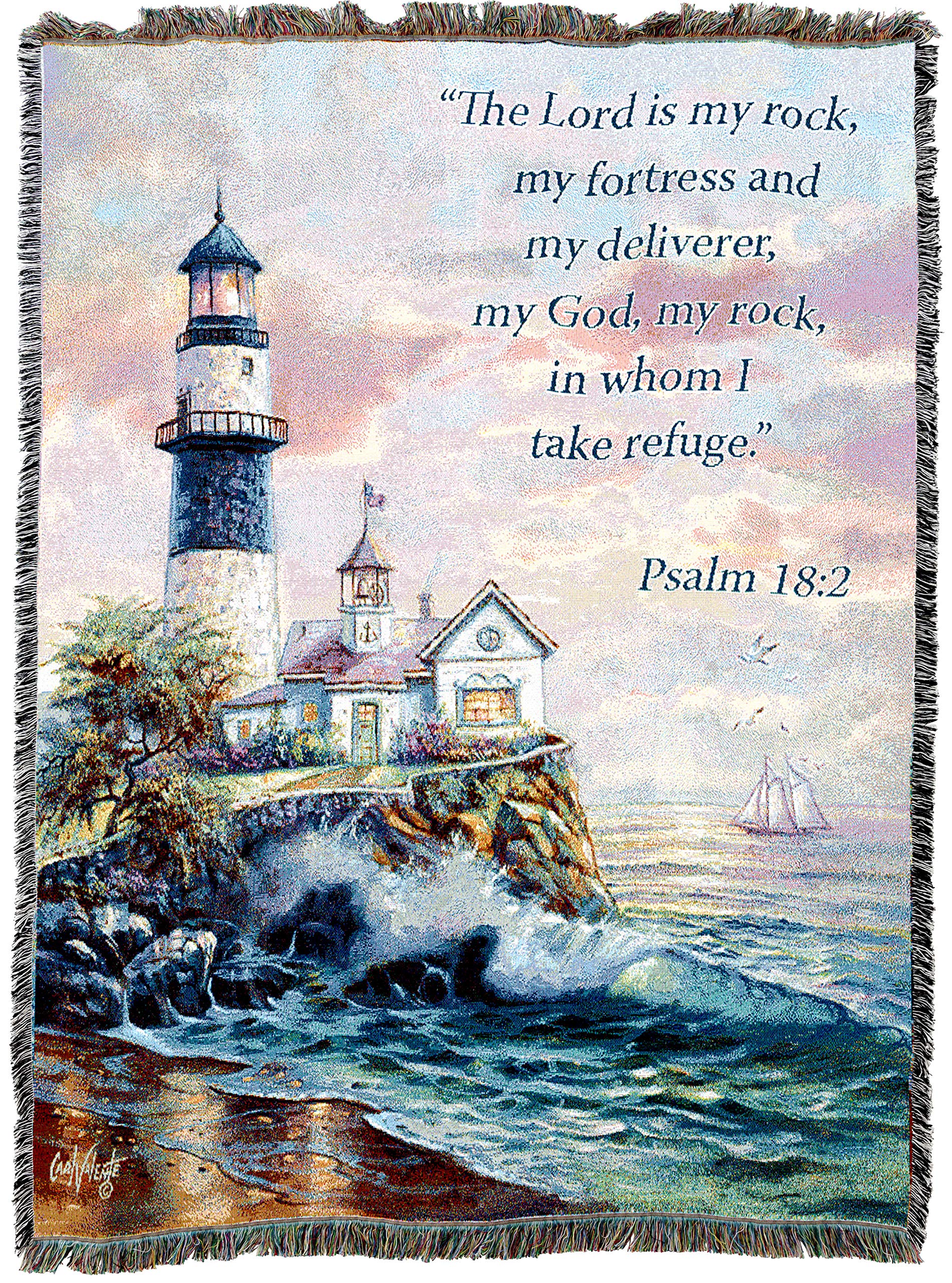 Pure Country Weavers Lighthouse Blanket Xl By Carl Valente - The Lord Is My Rock And My Fortress - Scriptures -Psalm 18:2 - Reli