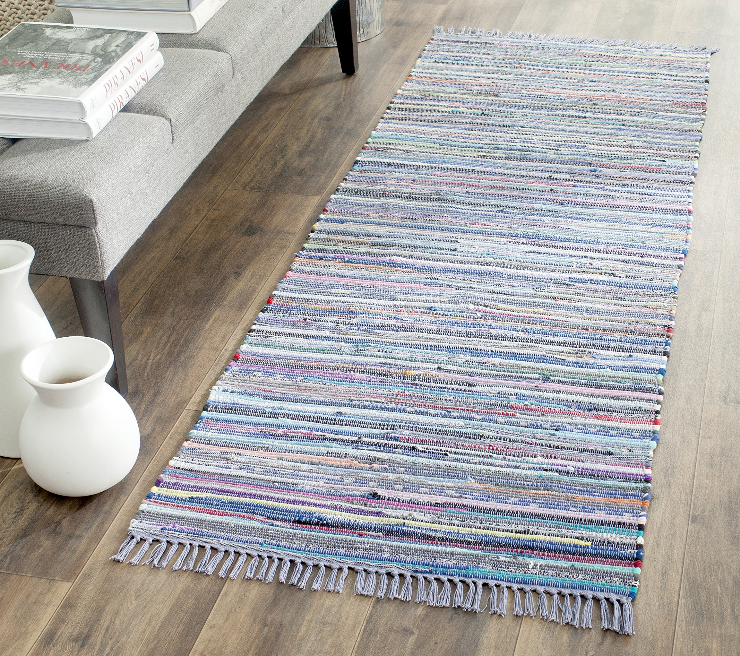 SAFAVIEH Rag Rug Collection Runner Rug - 23 x 9, Purple & Multi, Handmade Boho Stripe Cotton, Ideal for High Traffic Areas in 