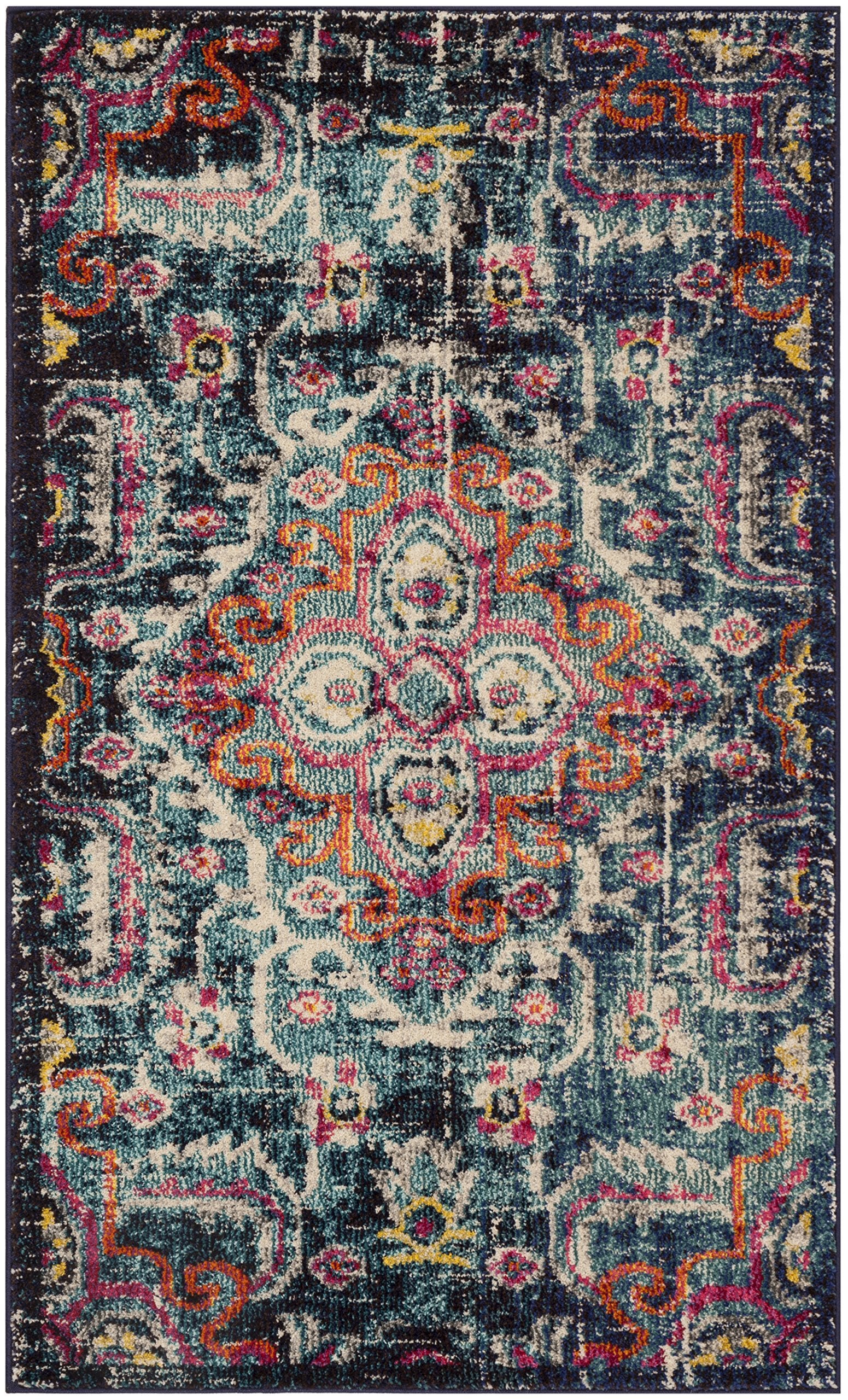 SAFAVIEH Monaco Collection Accent Rug - 4 x 57, Blue & Fuchsia, Medallion Distressed Design, Non-Shedding & Easy Care, Ideal f