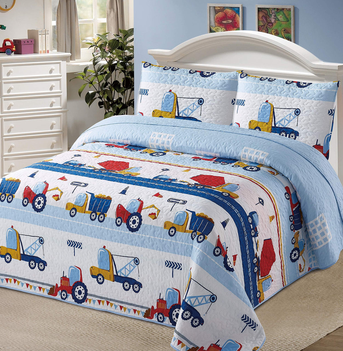 Better Home Style White Blue Red Construction Site Kids/Boys/Toddler Coverlet Bedspread Quilt Set With Pillowcases And Tractor D