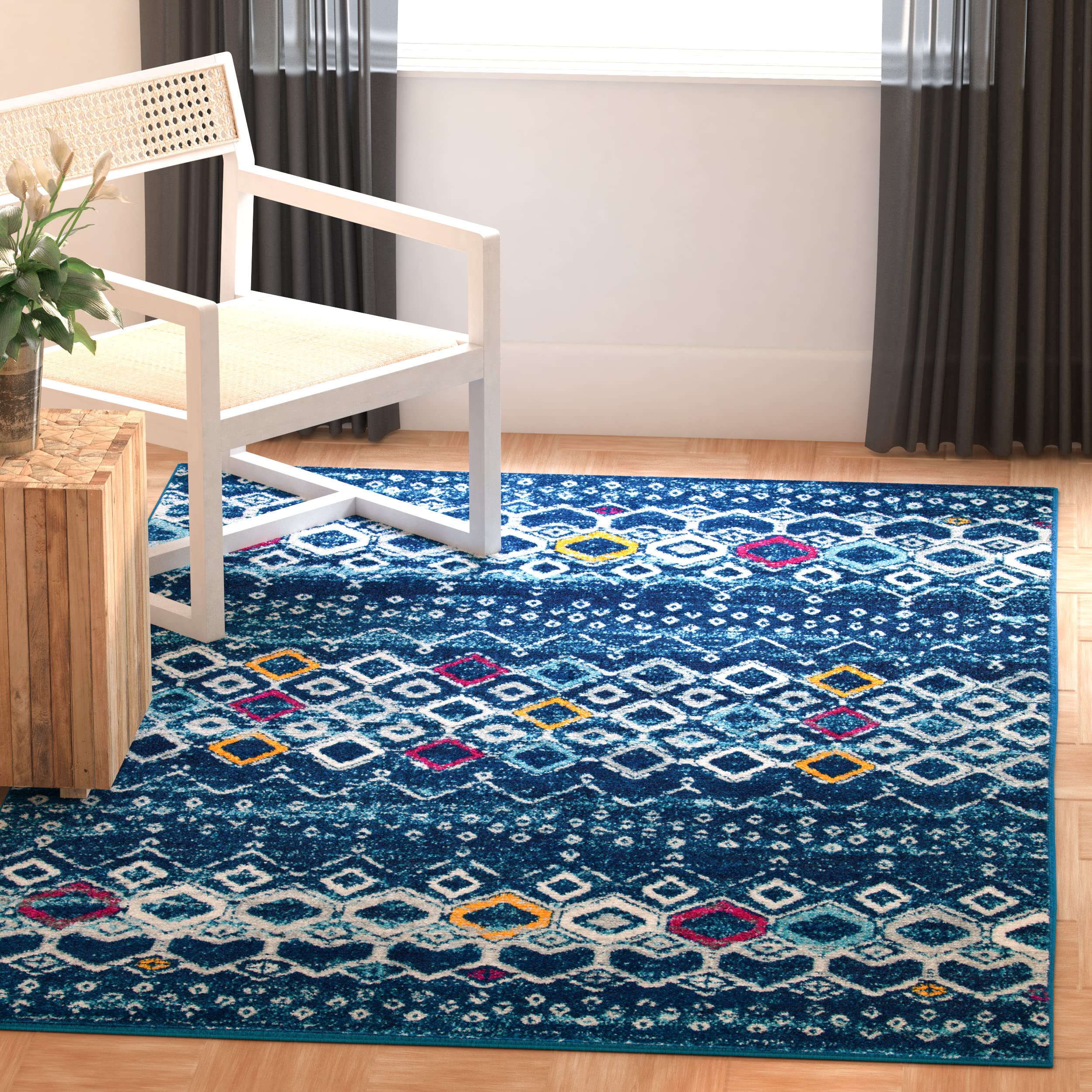 SAFAVIEH Amsterdam Collection Area Rug - 5'1'' x 7'6'', Navy & Turquoise, Moroccan Boho Design, Non-Shedding & Easy Care, Ideal 