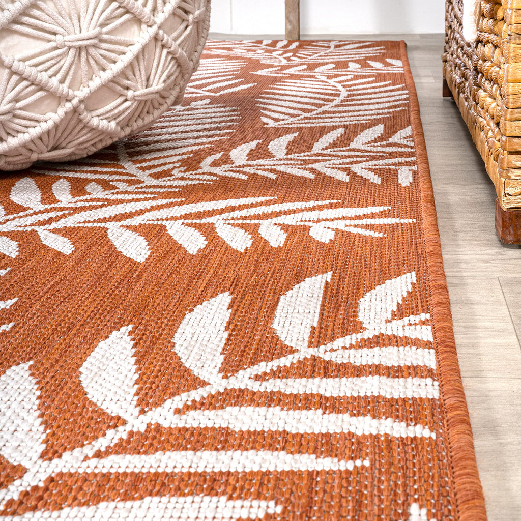 Jonathan Y Smb119E-28 Nevis Palm Frond Indoor Outdoor Area Rug, Coastal Casual Country & Floral Easy Cleaning,Bedroom,Kitchen,Backyard,Patio,Non Shedding, Orange/Cream, 2 X 8