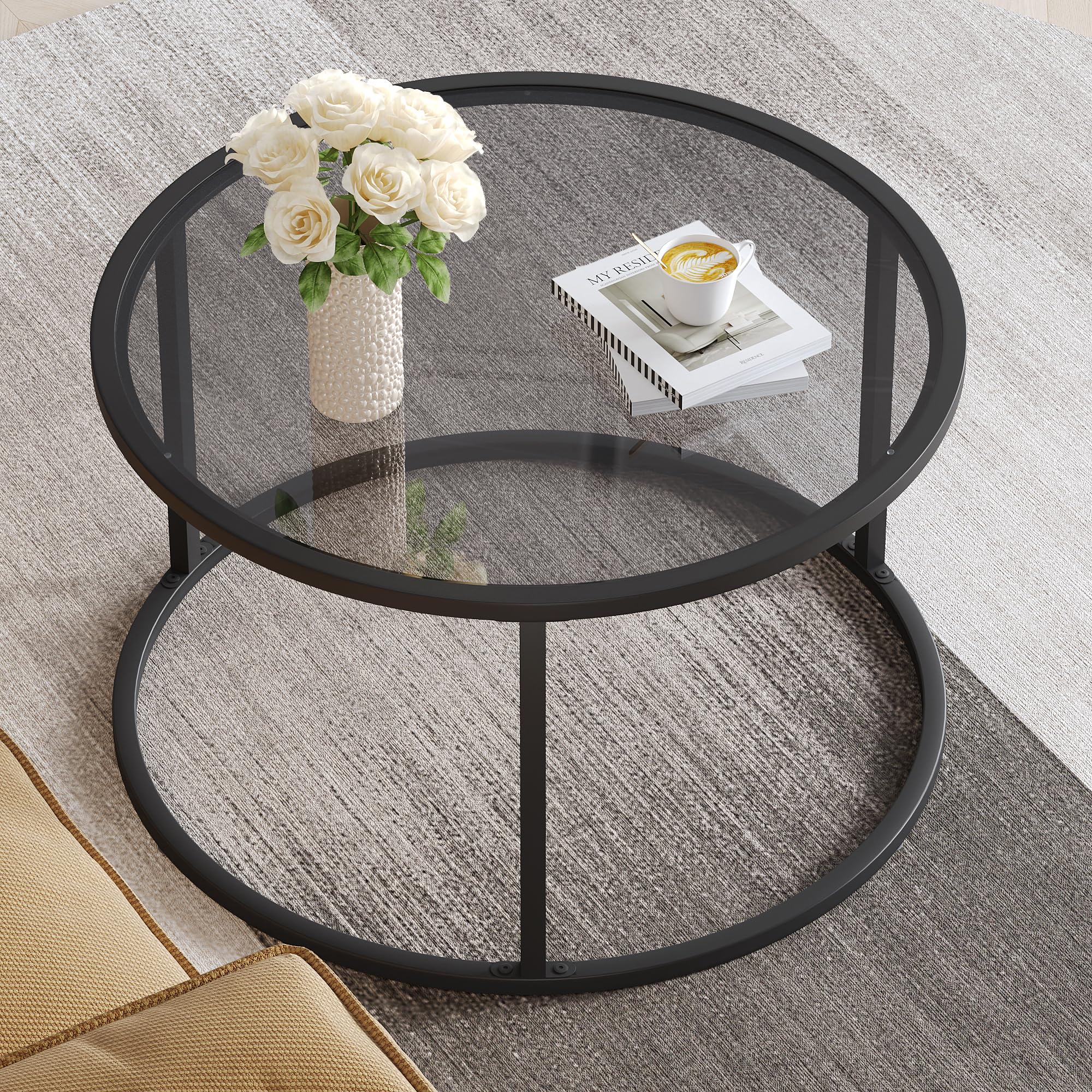SAYGOER Round Coffee Table Glass Coffee Tables for Small Space Simple Modern Center Table for Living Room Home Office, Sofa Side
