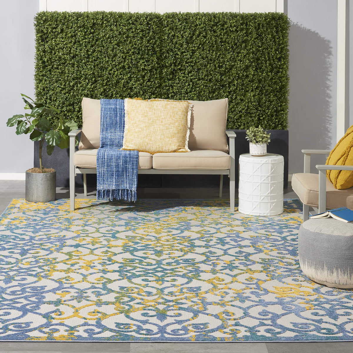 Nourison Aloha Indoor/Outdoor Ivory Blue 12' X 15' Area Rug, Transitional, French Country, Easy Cleaning, Non Shedding, Bed Room
