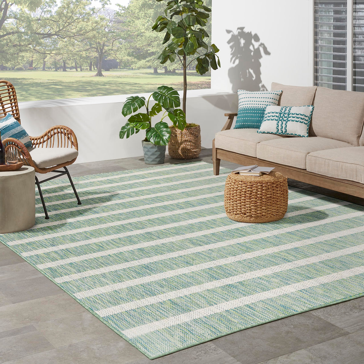 Nourison Positano Indoor/Outdoor Blue Green Ivory 8' X 10' Area Rug, Easy Cleaning, Non Shedding, Bed Room, Living Room, Dining
