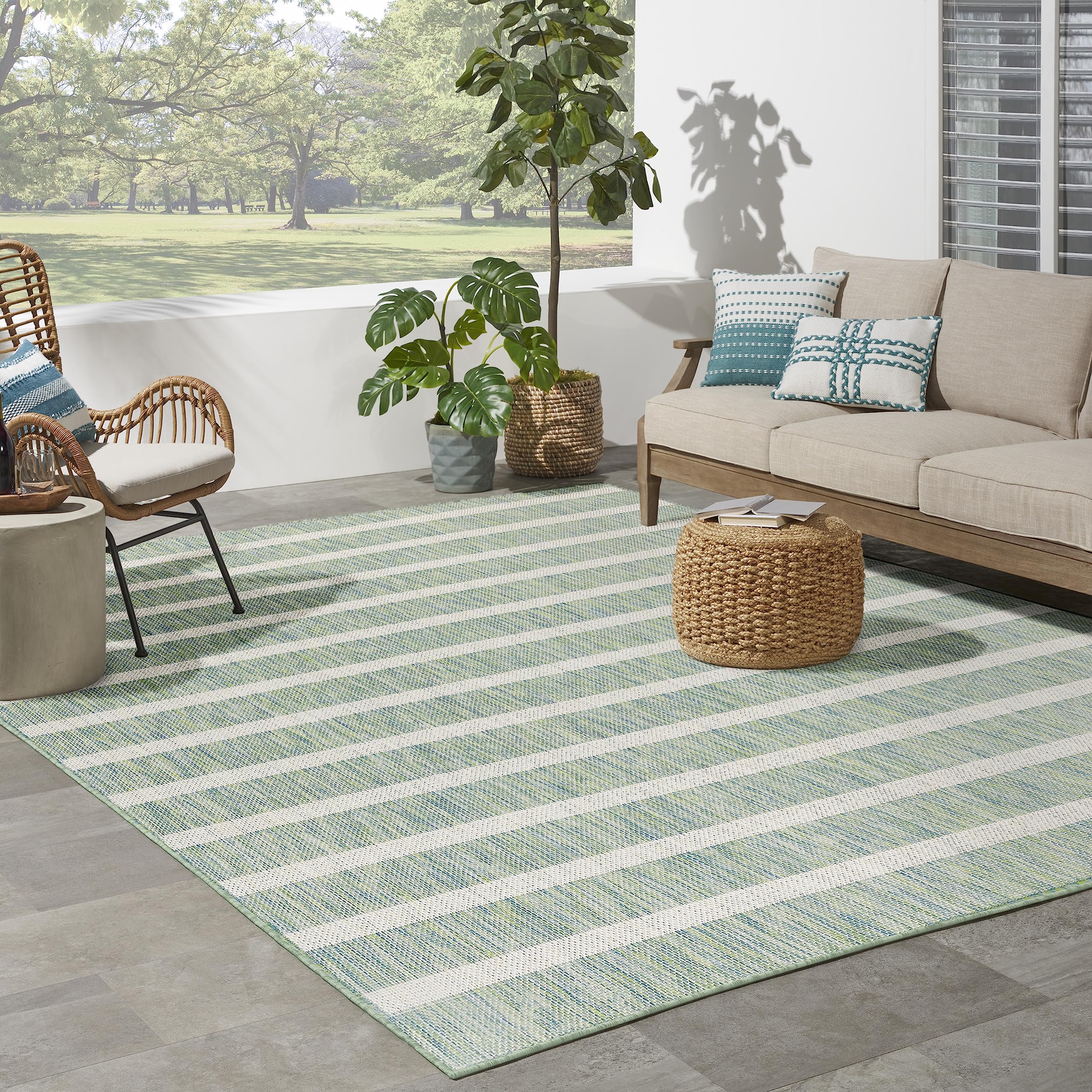 Nourison Positano Indoor/Outdoor Blue Green Ivory 8' X 10' Area Rug, Easy Cleaning, Non Shedding, Bed Room, Living Room, Dining