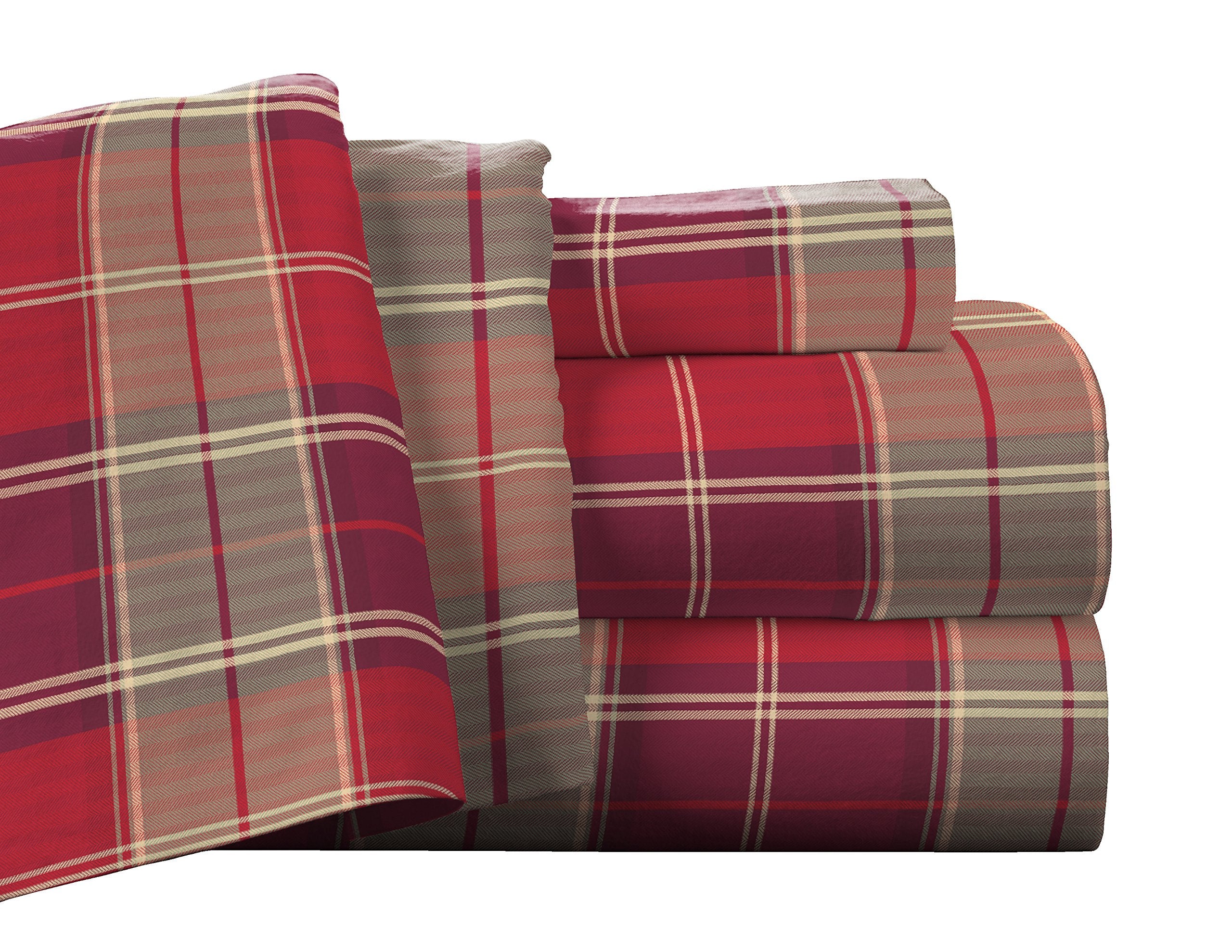 Pointehaven Flannel Deep Pocket Set With Oversized Flat Sheet, Queen, Piedmont Plaid