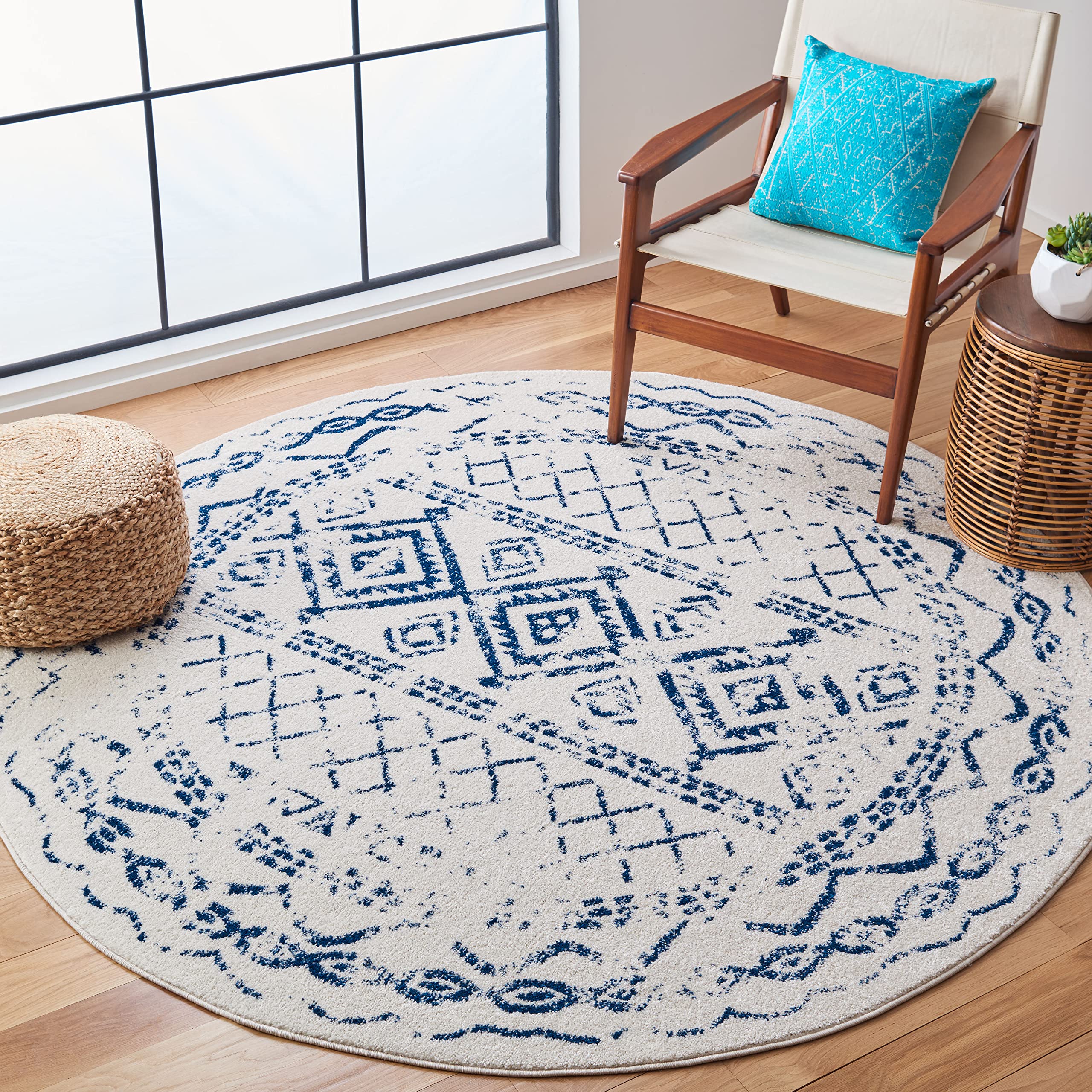 SAFAVIEH Tulum Collection 67 Round Ivory / Navy TUL268C Moroccan Boho Distressed Non-Shedding Dining Room Entryway Foyer Living