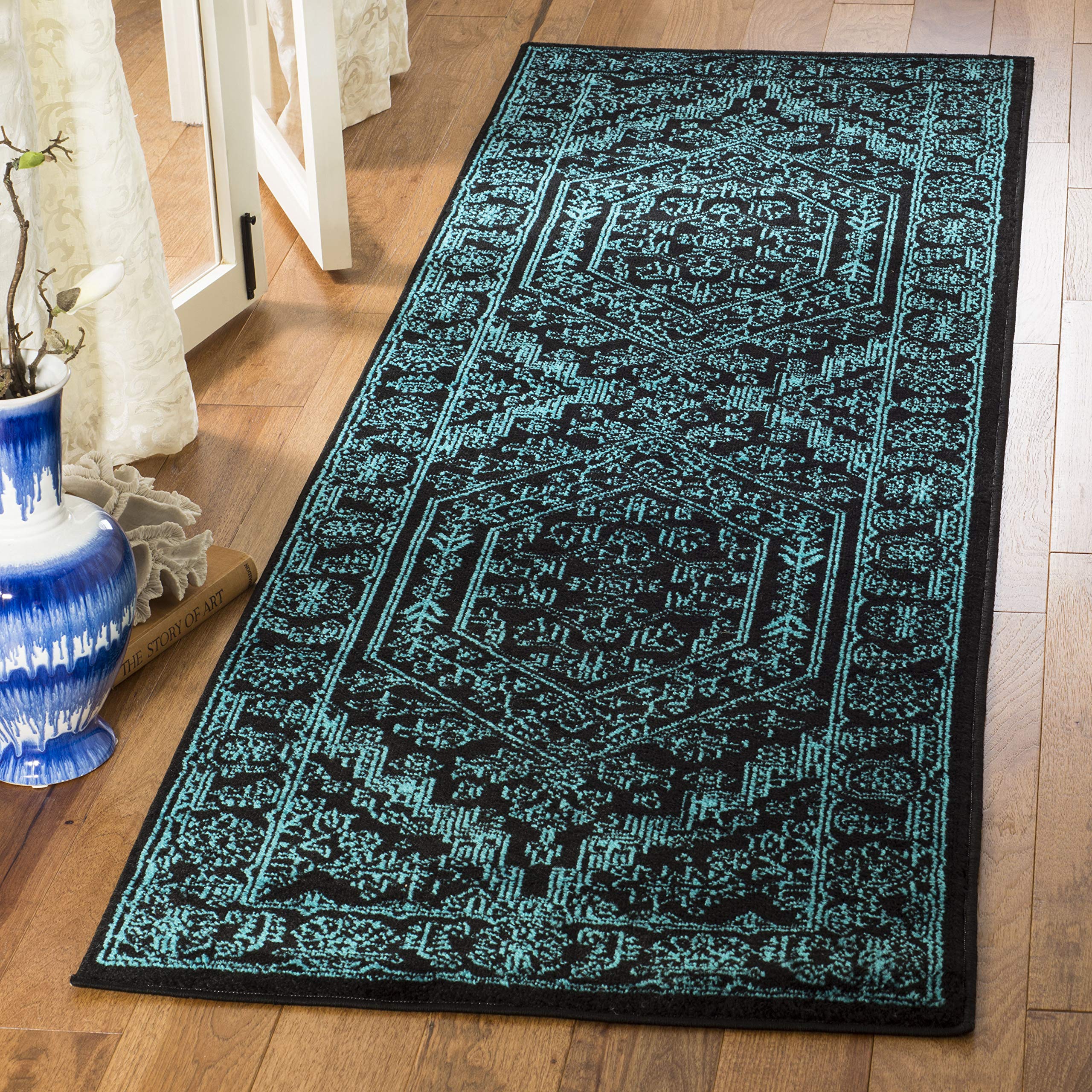 Safavieh Adirondack Collection Runner Rug - 26 x 12, Black & Teal, Oriental Medallion Design, Non-Shedding & Easy Care, Ideal 