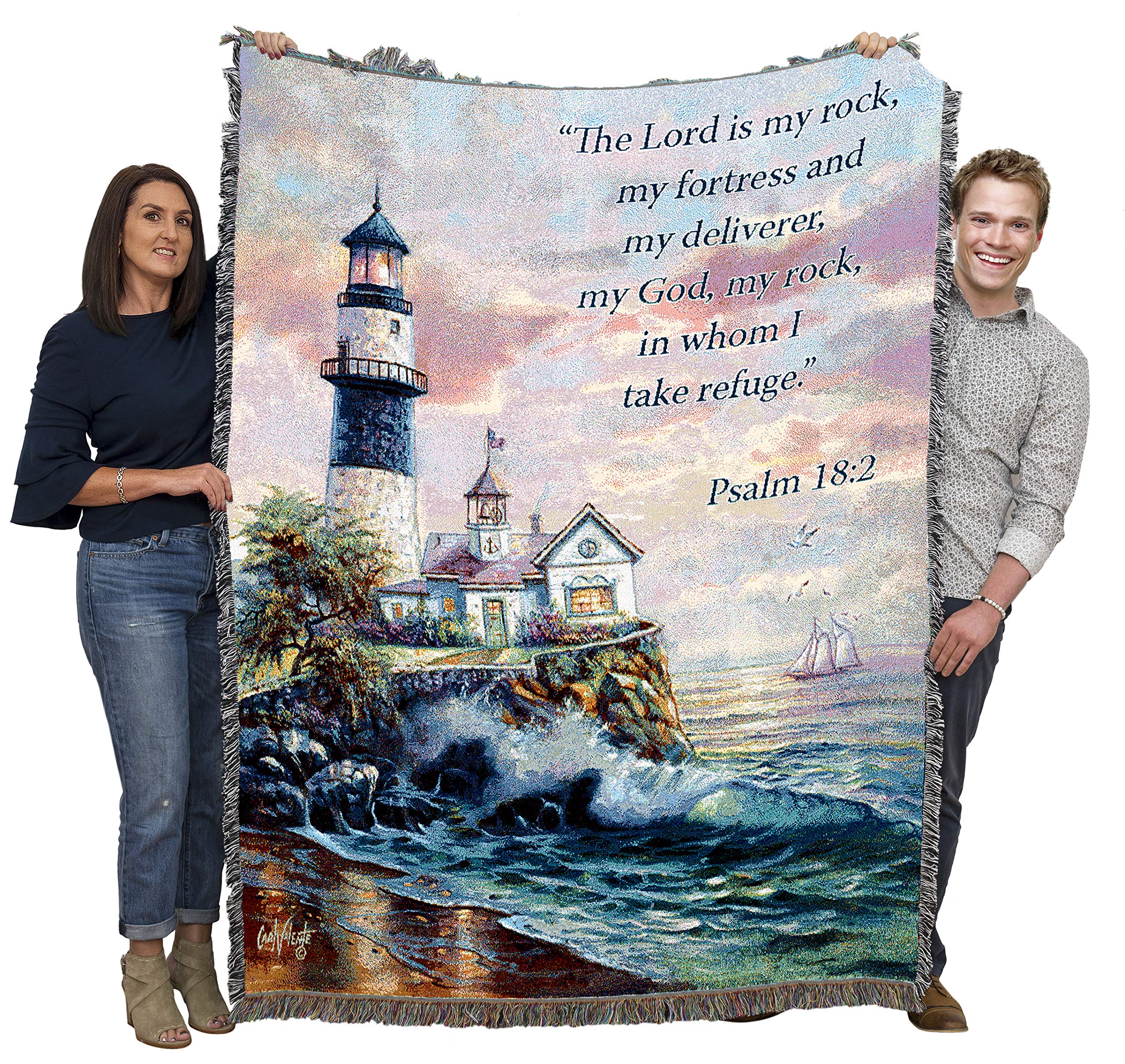 Pure Country Weavers Lighthouse Blanket By Carl Valente - The Lord Is My Rock And My Fortress - Scriptures -Psalm 18:2 - Religio