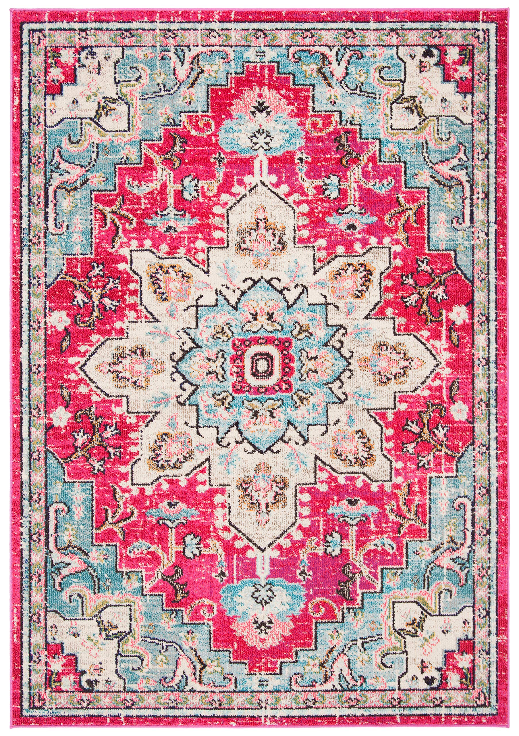 SAFAVIEH Madison Collection Accent Rug - 22 x 4, Fuchsia & Blue, Medallion Distressed Design, Non-Shedding & Easy Care, Ideal 