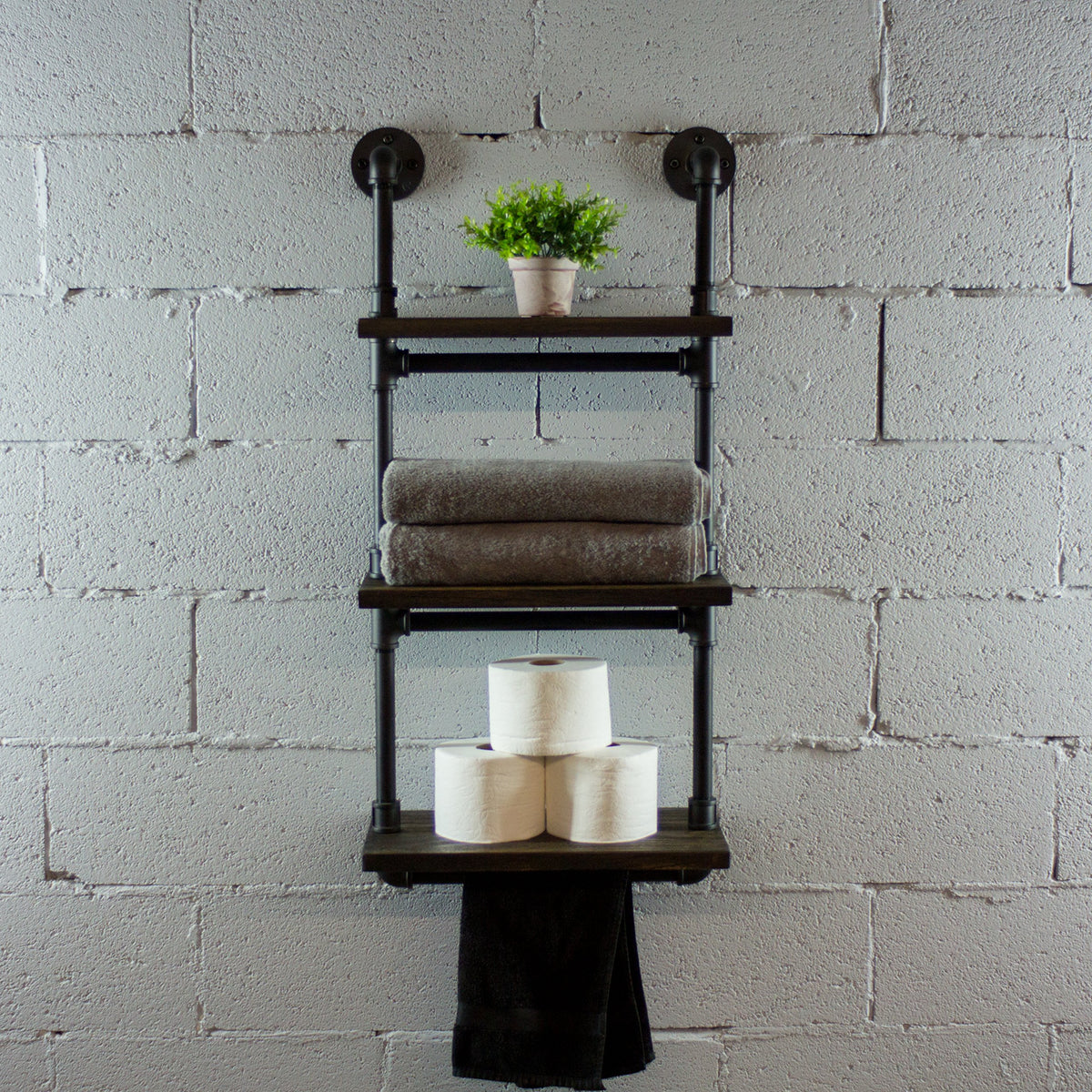 Os Home And Office Model 3-Tiered Pipe Shelf Rack With Reclaimed Aged-Wood Finish. Wall Mounted Bookcase, Black Steel Combo With Dark Brown Stained