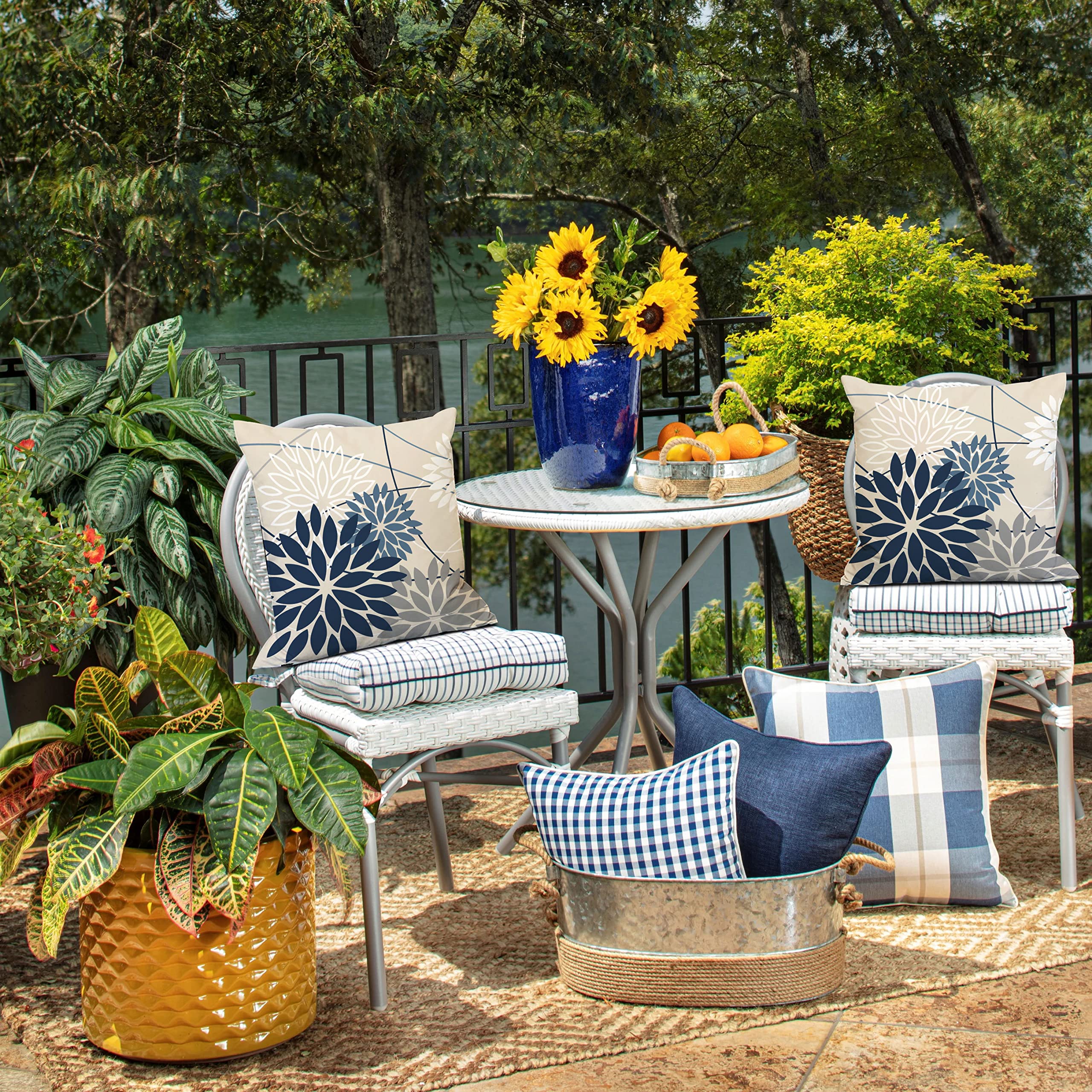 Blue And Gray Floral Pillow Covers 18X18 Set Of 2 Outdoor Waterproof White Colored Decorative Throw Pillows Summer Pillowcase Polyester Cushion Case Decor For Couch Patio Funiture Garden Porch 01B18