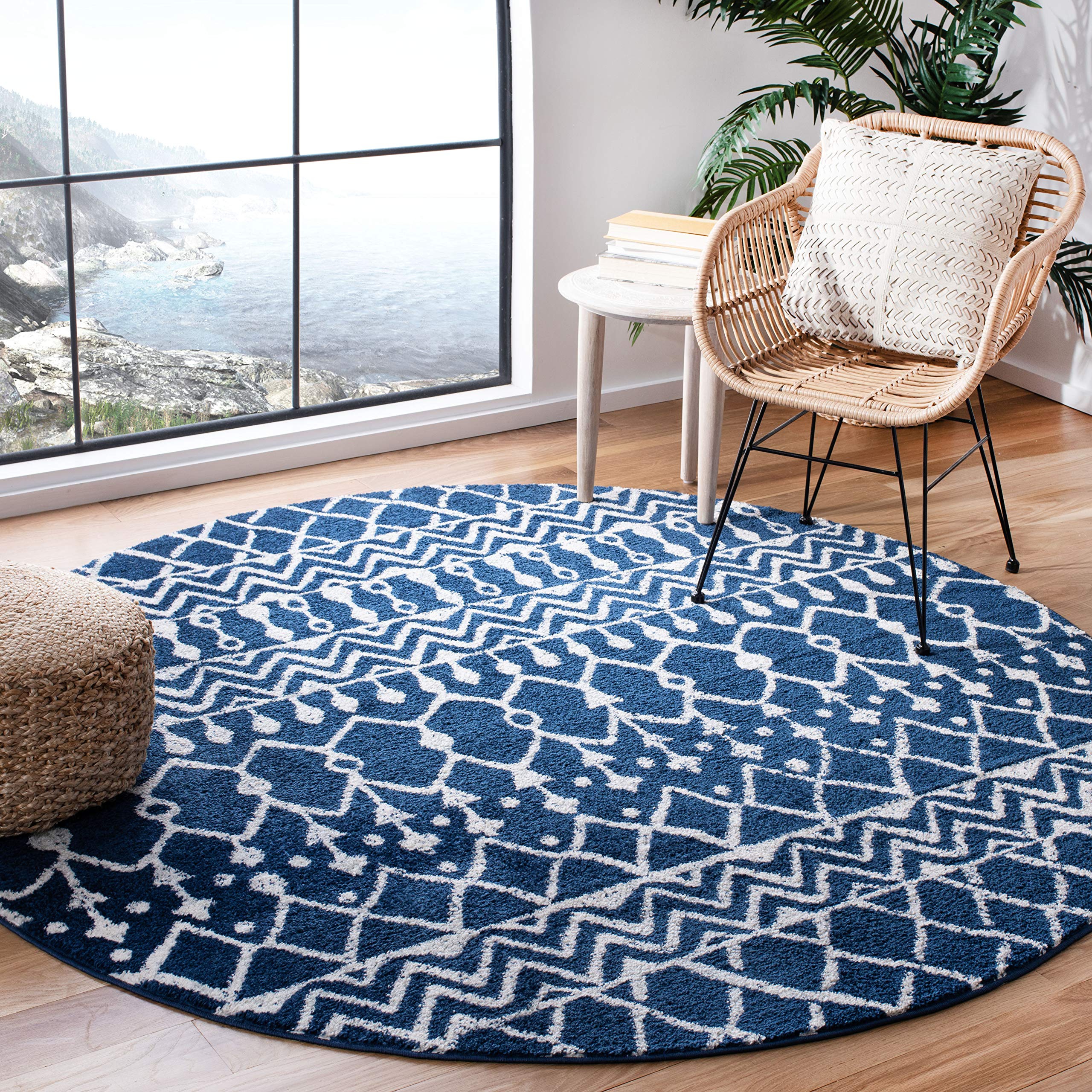 SAFAVIEH Tulum Collection 5 Round Navy/Ivory TUL270N Moroccan Boho Distressed Non-Shedding Dining Room Entryway Foyer Living Ro