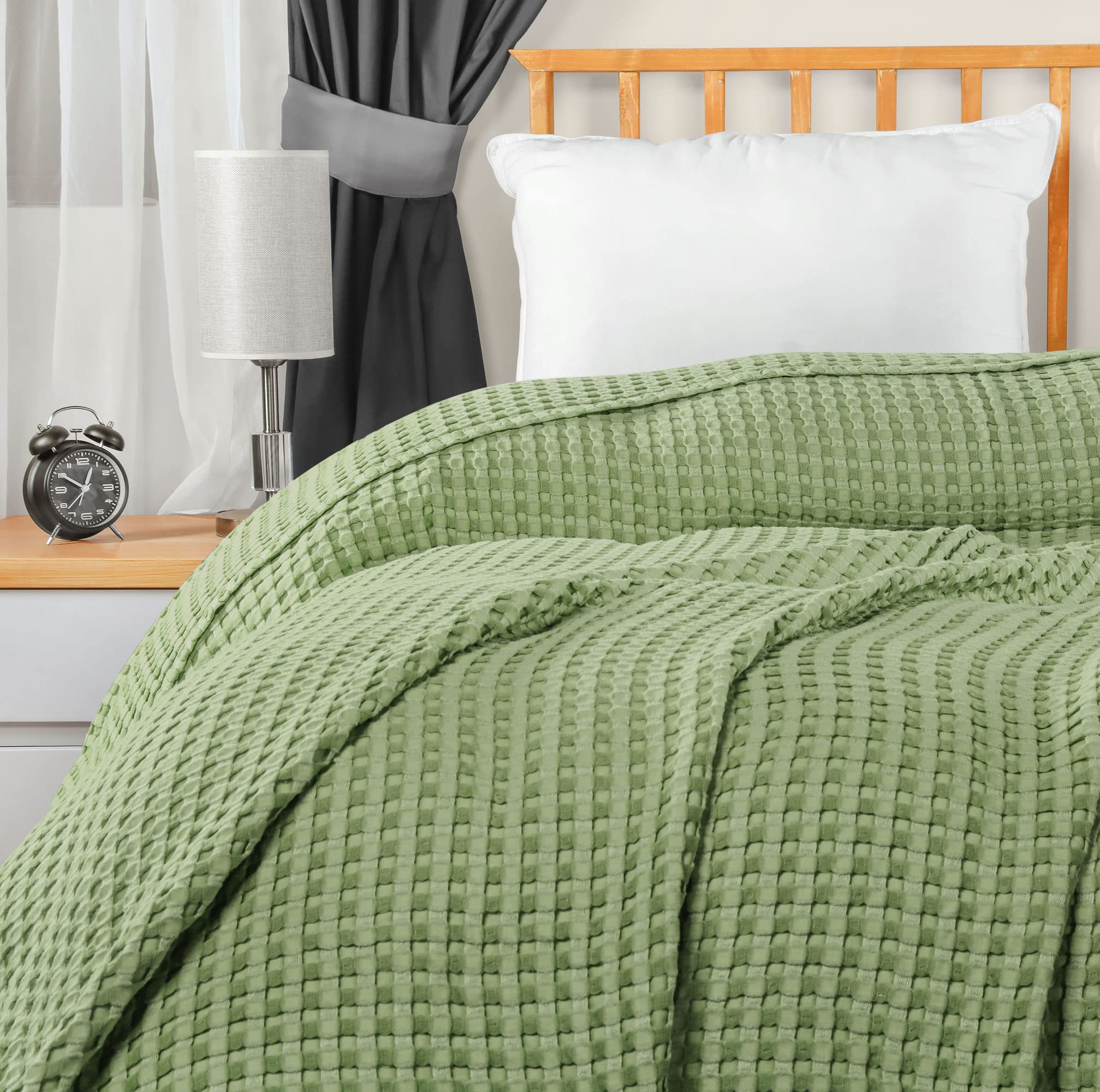 Utopia Bedding Cotton Waffle Blanket 300 Gsm (Sage Green - 90X108 Inches) Soft Lightweight Breathable Bed Blanket King Size Laye