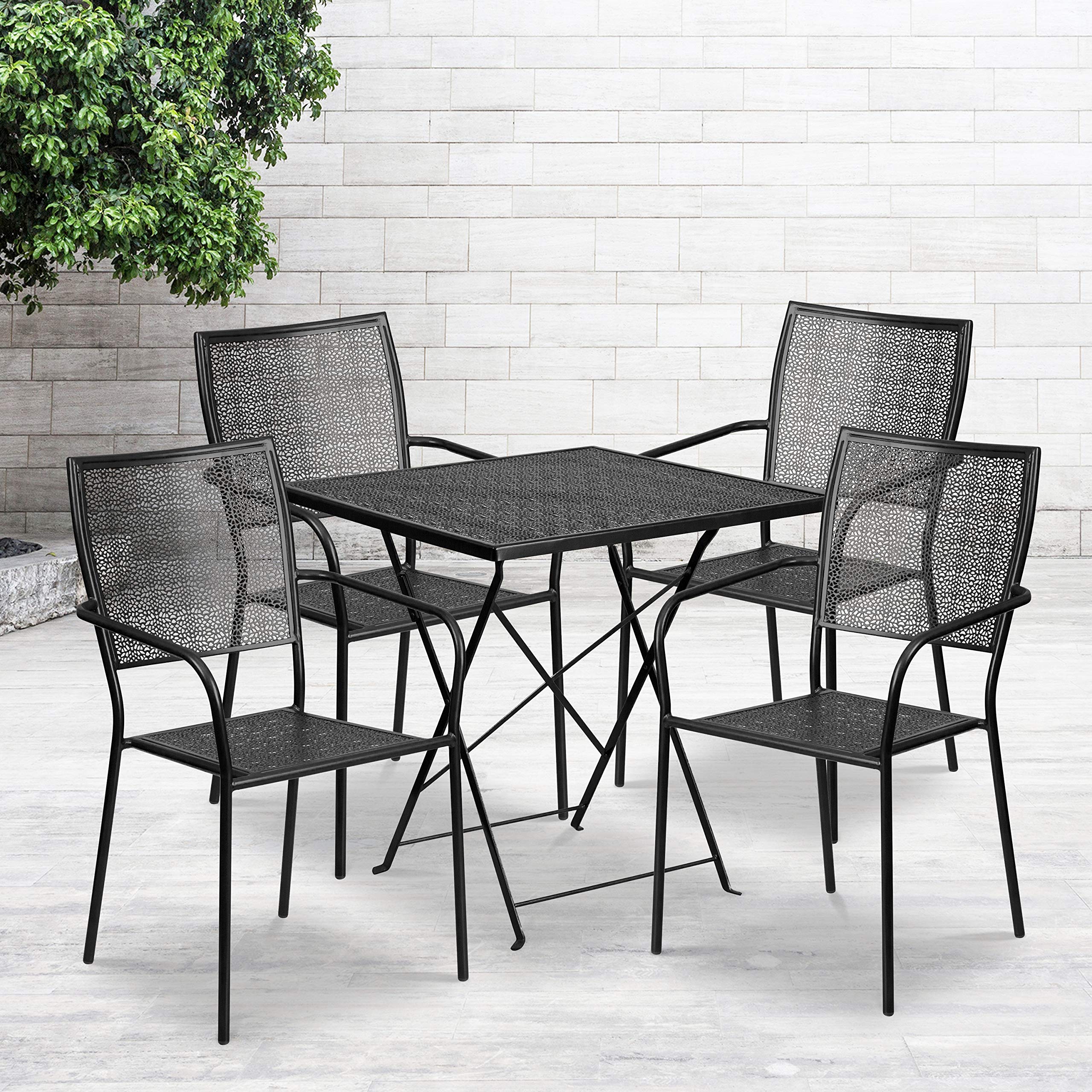 Flash Furniture Commercial Grade 28 Square Black Indoor-Outdoor Steel Folding Patio Table Set with 4 Square Back Chairs