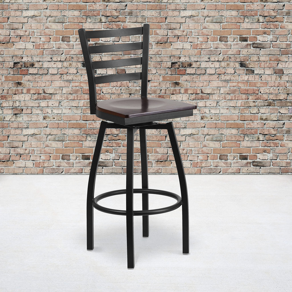 Flash Furniture HERCULES Series Black Ladder Back Swivel Metal Barstool - Walnut Wood Seat