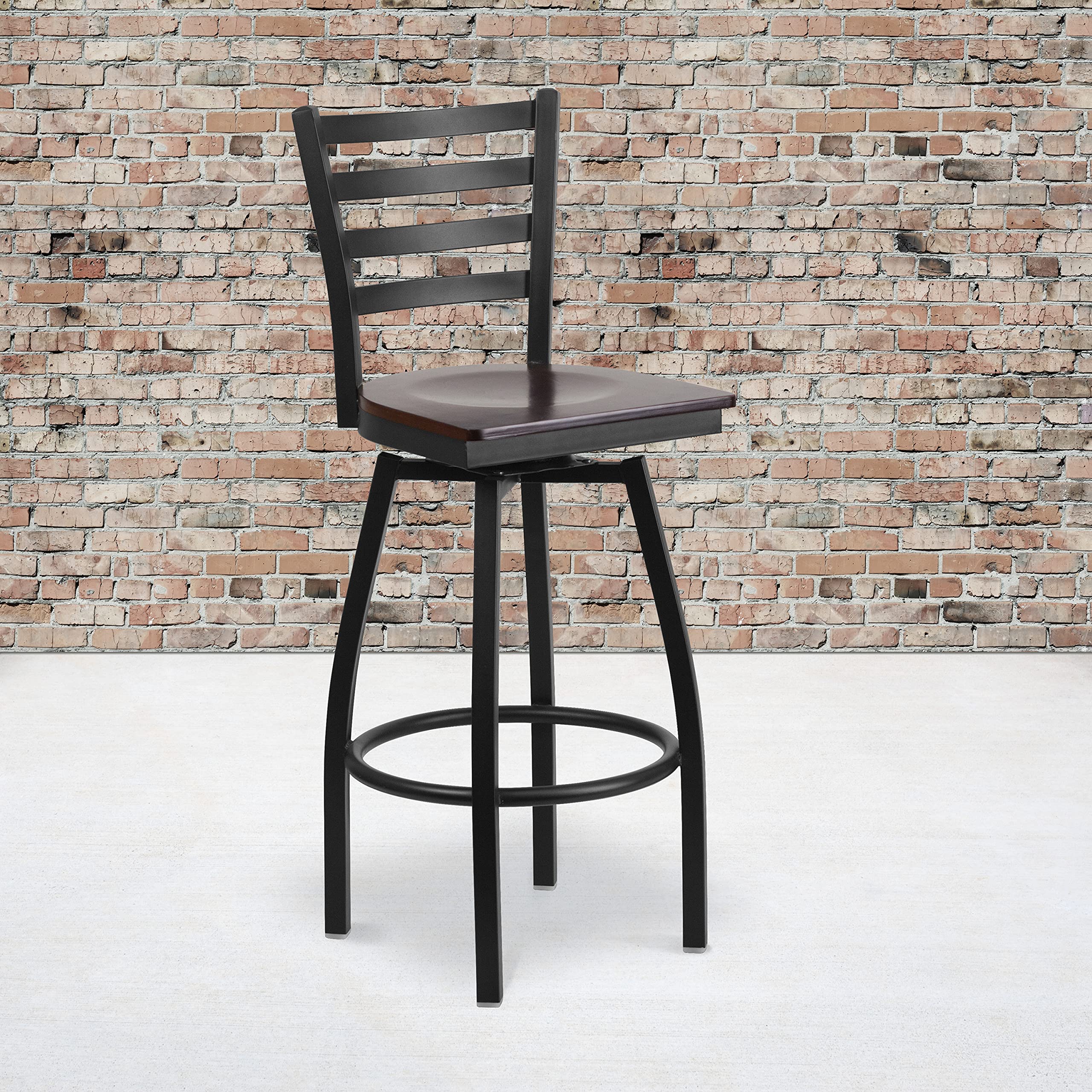 Flash Furniture HERCULES Series Black Ladder Back Swivel Metal Barstool - Walnut Wood Seat