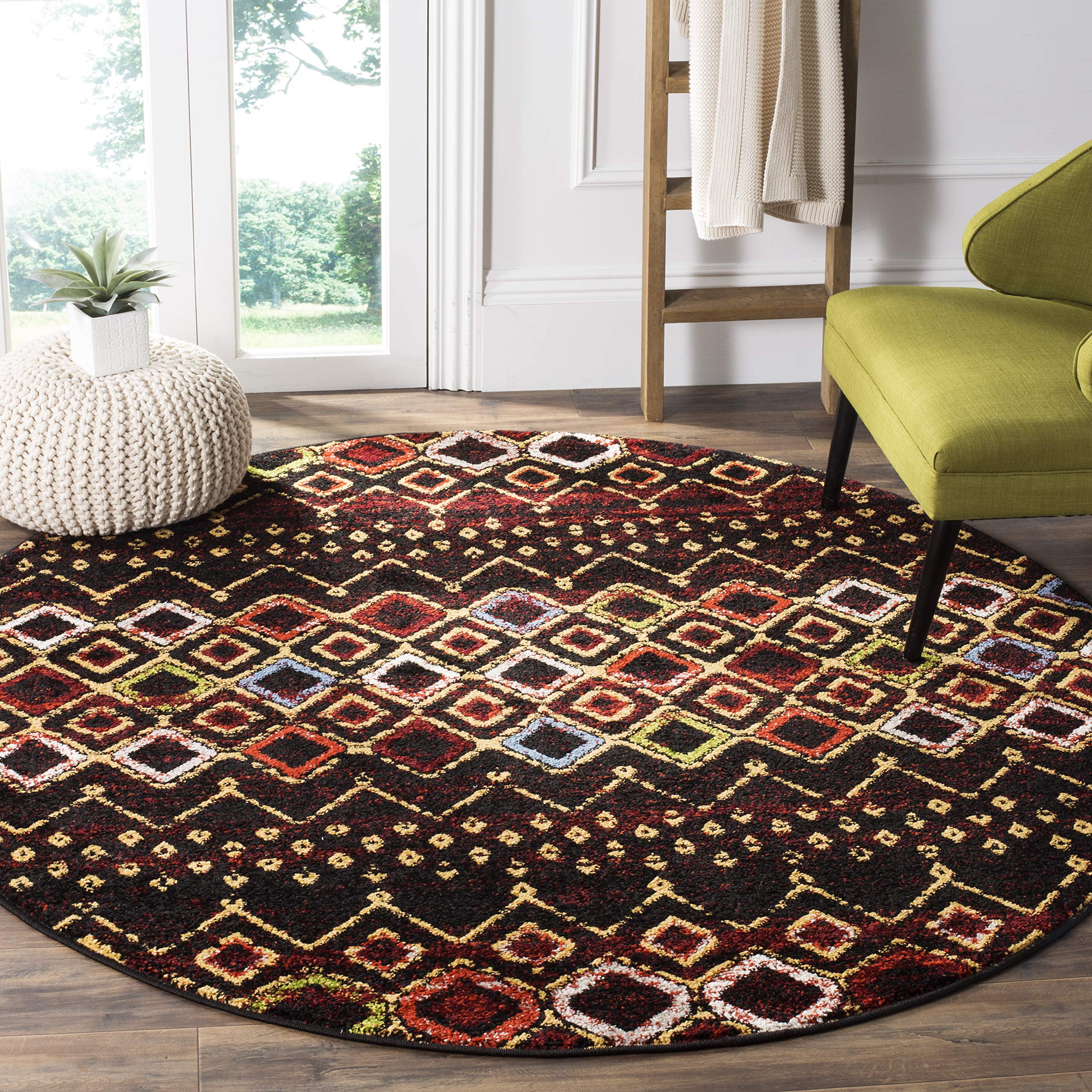 SAFAVIEH Amsterdam Collection Area Rug - 11' Round, Black & Multi, Moroccan Boho Design, Non-Shedding & Easy Care, Ideal for Hig