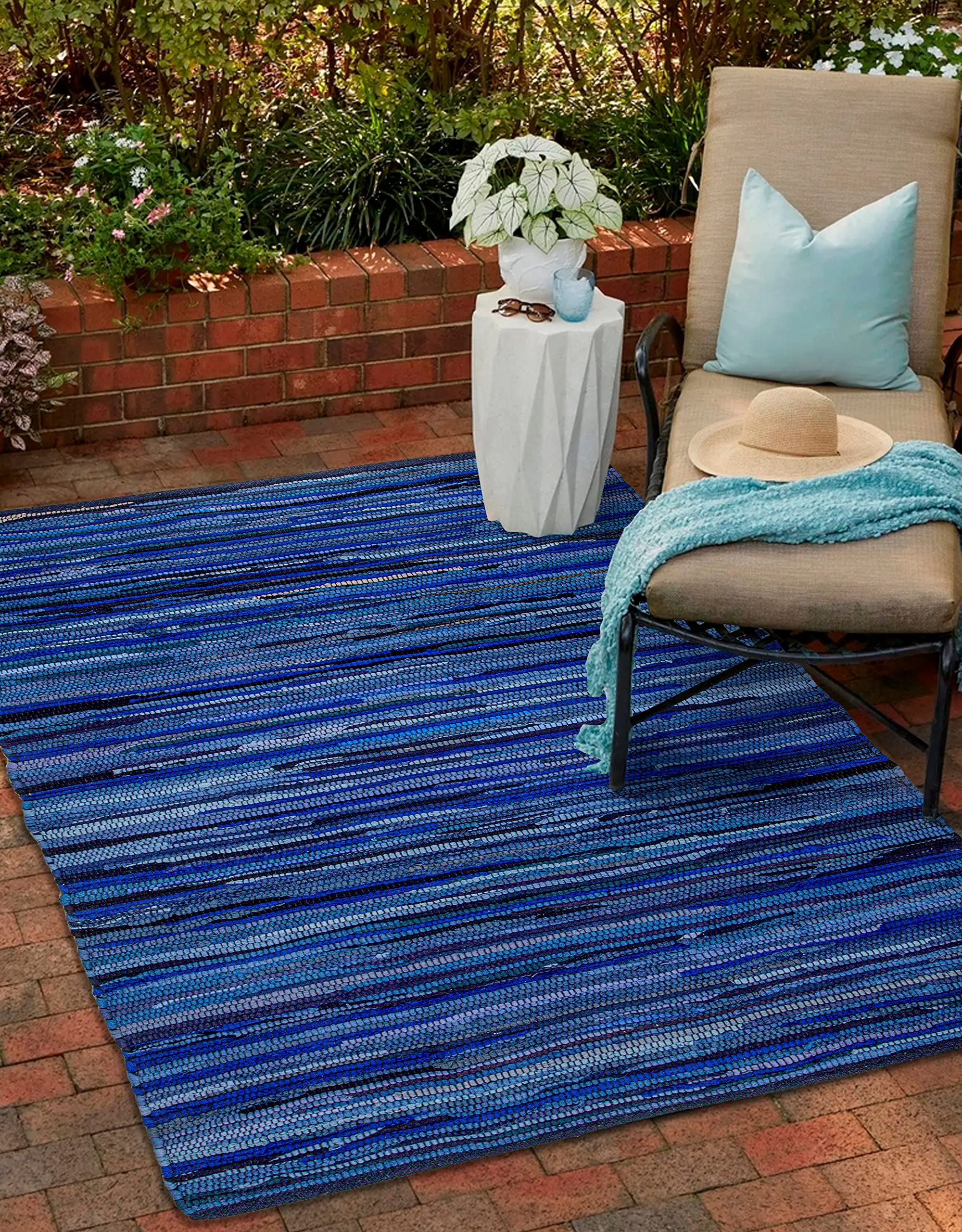 Ramanta Home 100% Cotton Hand Woven Tonal Chindi Rag Rug 3x5 - Navy, Recycled Reversible Rugs, Boho Rustic Farmhouse Rugs for 