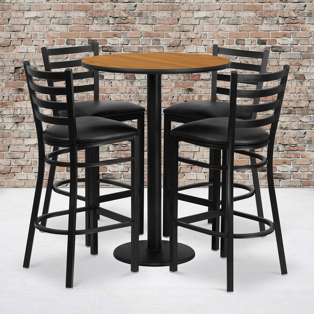 Flash Furniture Jamie 30'' Round Natural Laminate Table Set with Round Base and 4 Ladder Back Metal Barstools - Black Vinyl Seat