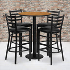 Flash Furniture Jamie 30'' Round Natural Laminate Table Set with Round Base and 4 Ladder Back Metal Barstools - Black Vinyl Seat