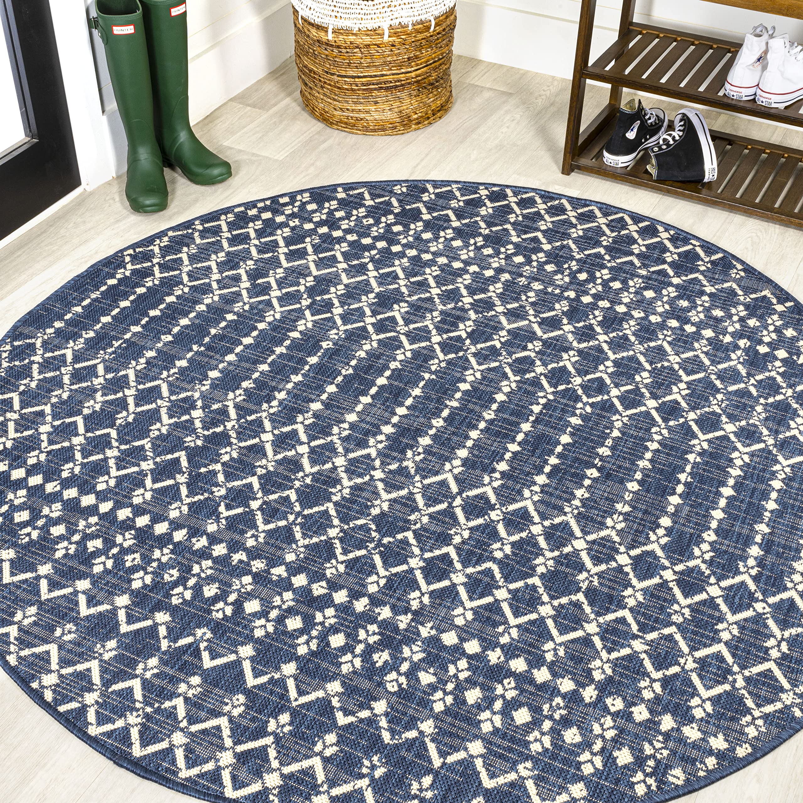 Jonathan Y Smb108K-4R Ourika Moroccan Geometric Textured Weave Navy/Beige 4' Round Indoor/Outdoor Area Rug, Pet Friendly, Non-Sh