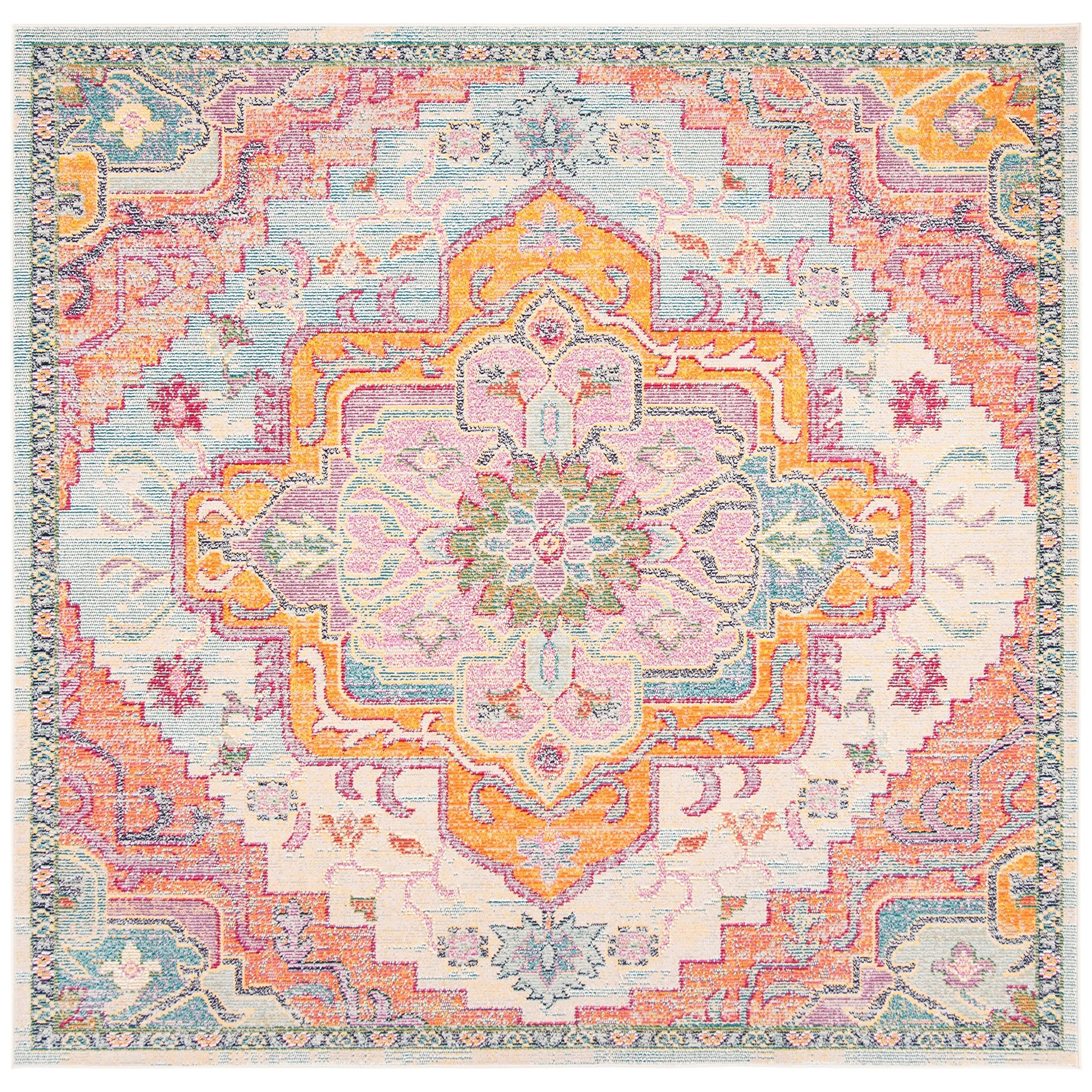 SAFAVIEH Crystal Collection 7 Square Light Blue/Fuchsia CRS501B Boho Chic Oriental Medallion Distressed Non-Shedding Living Roo