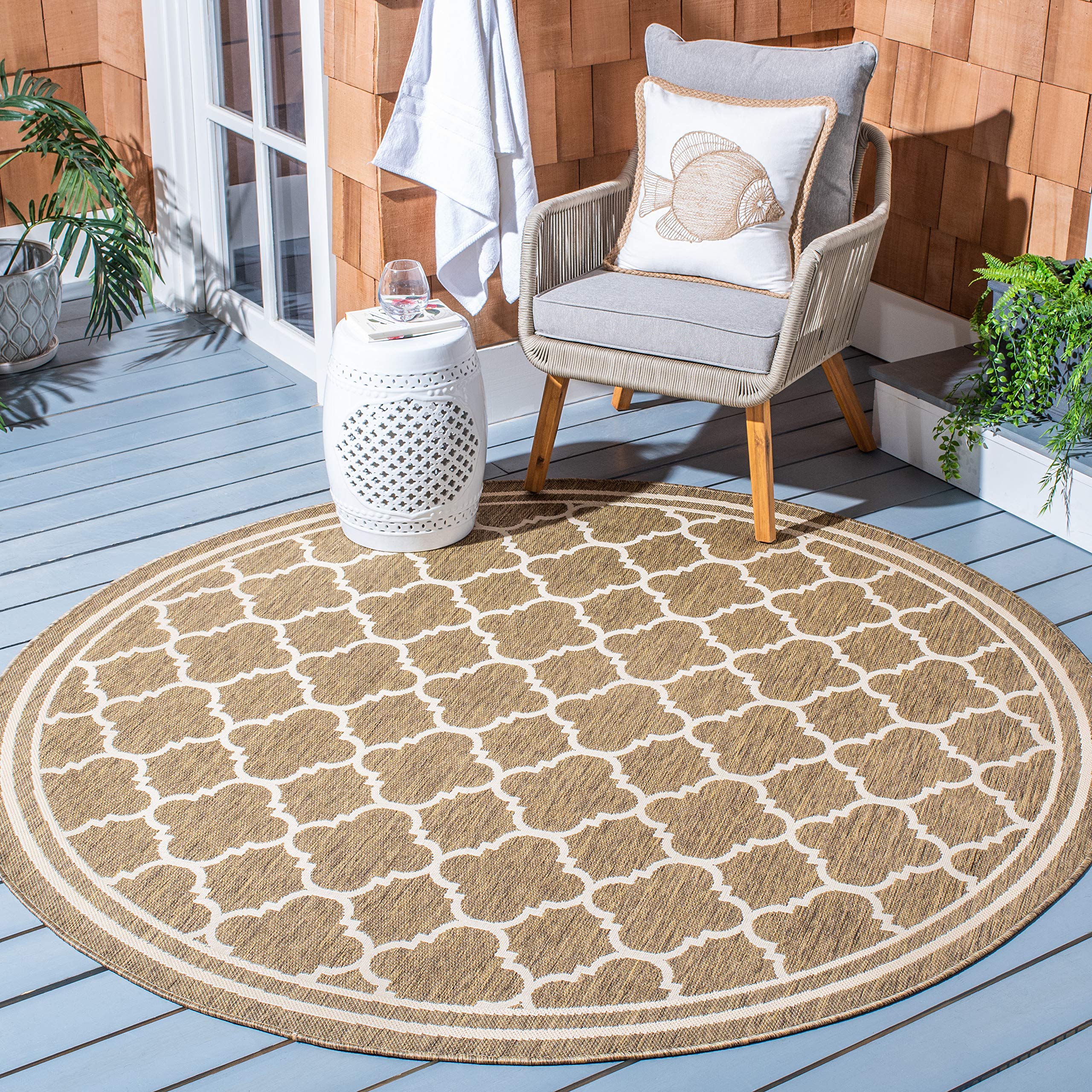 SAFAVIEH Courtyard Collection Area Rug - 4 Round, Brown & Bone, Trellis Design, Non-Shedding & Easy Care, Indoor/Outdoor & Wash