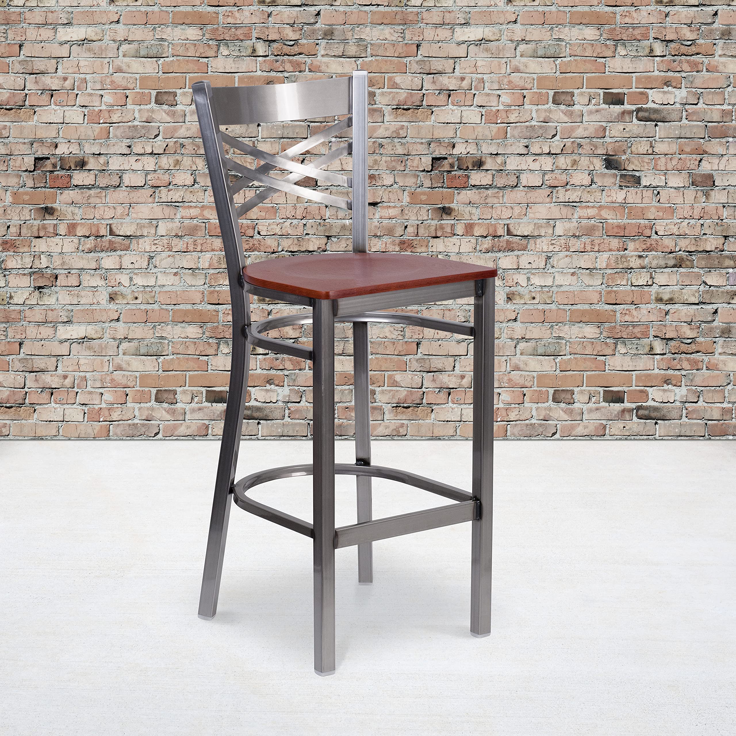 Flash Furniture Hercules Series Clear Coated ''X'' Back Metal Restaurant Barstool - Cherry Wood Seat