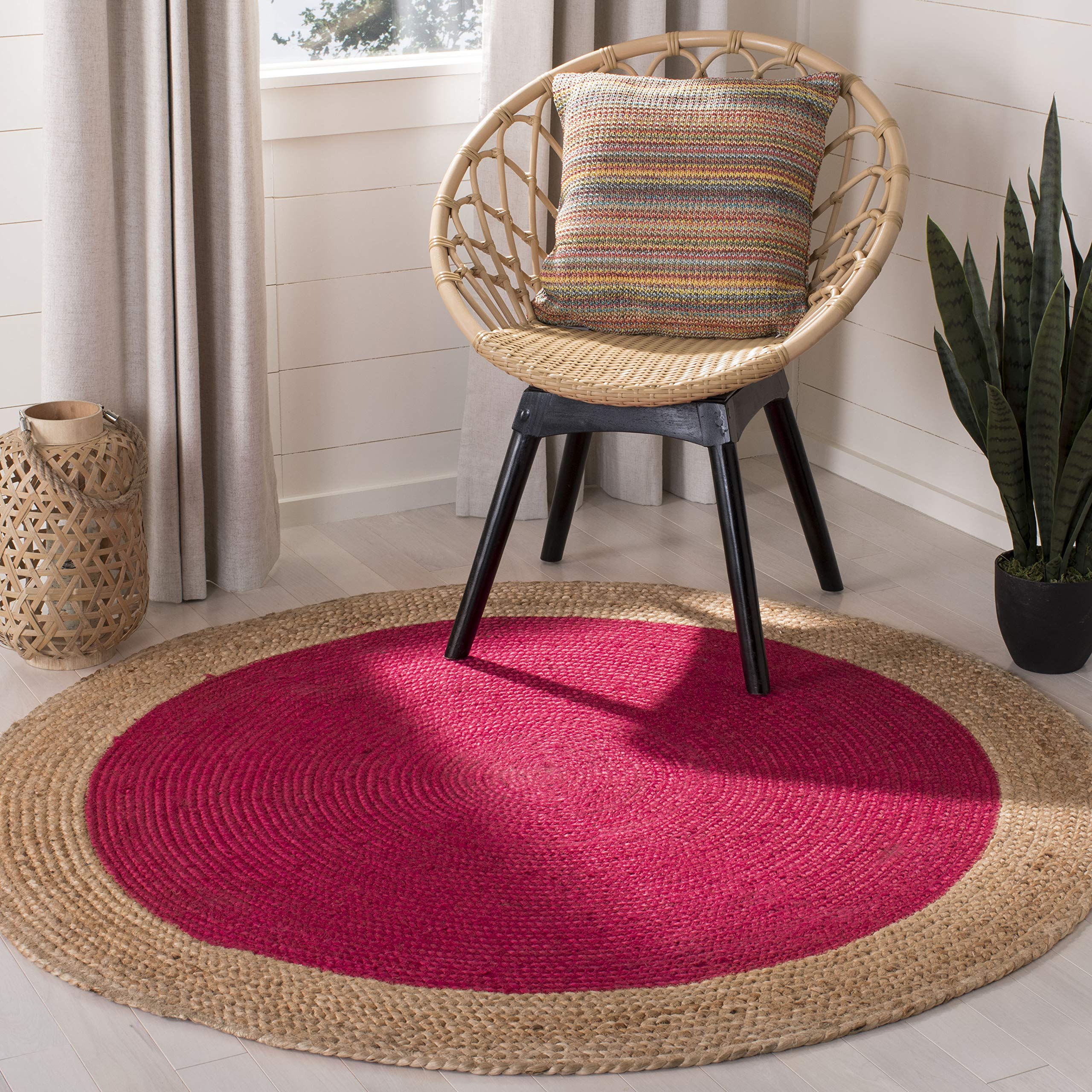 SAFAVIEH Natural Fiber Round Collection 4 Round Fuchsia NF801C Handmade Boho Braided Jute Area Rug