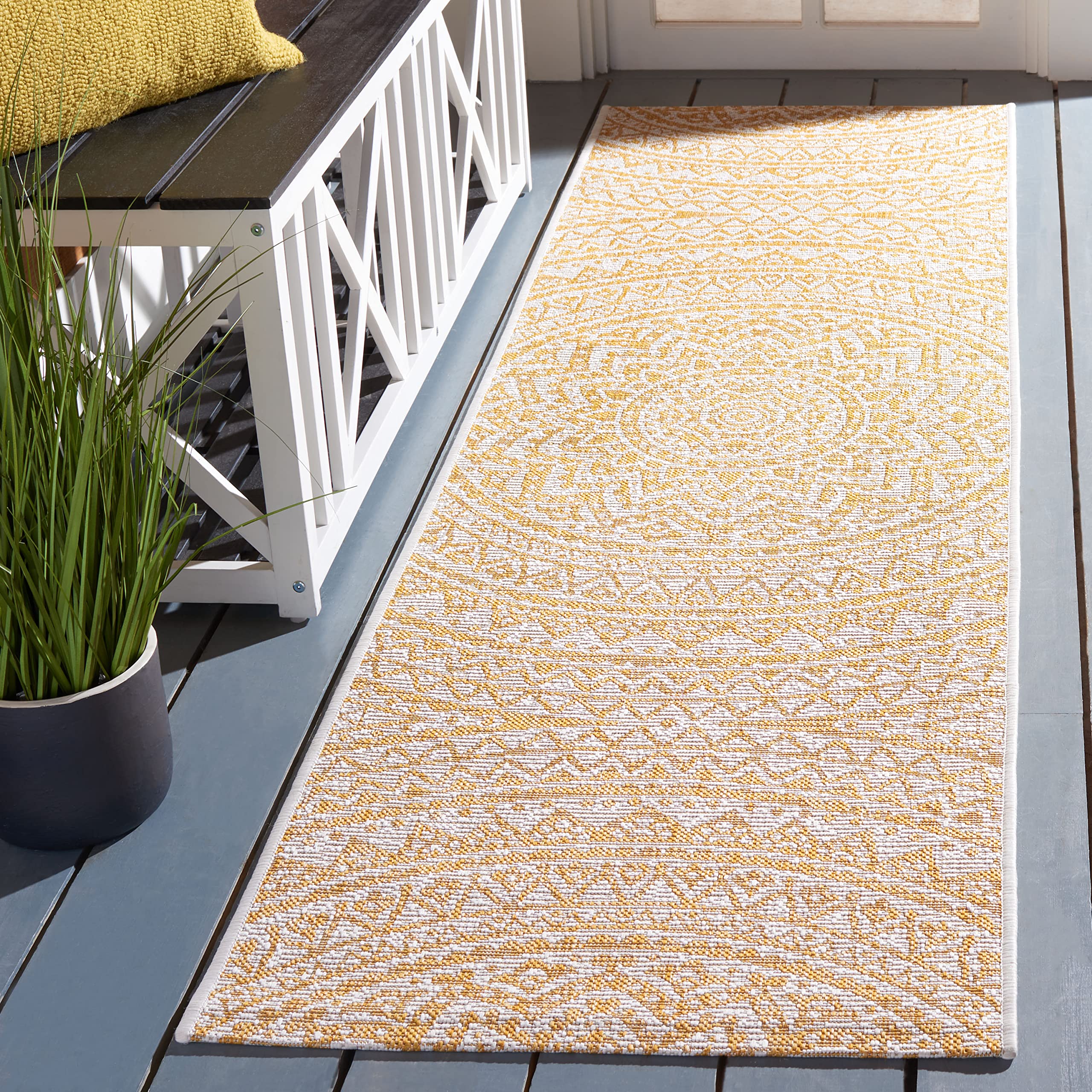 Safavieh Courtyard Collection Runner Rug - 2'3' X 8', Ivory & Gold, Non-Shedding & Easy Care, Indoor/Outdoor & Washable-Ideal F
