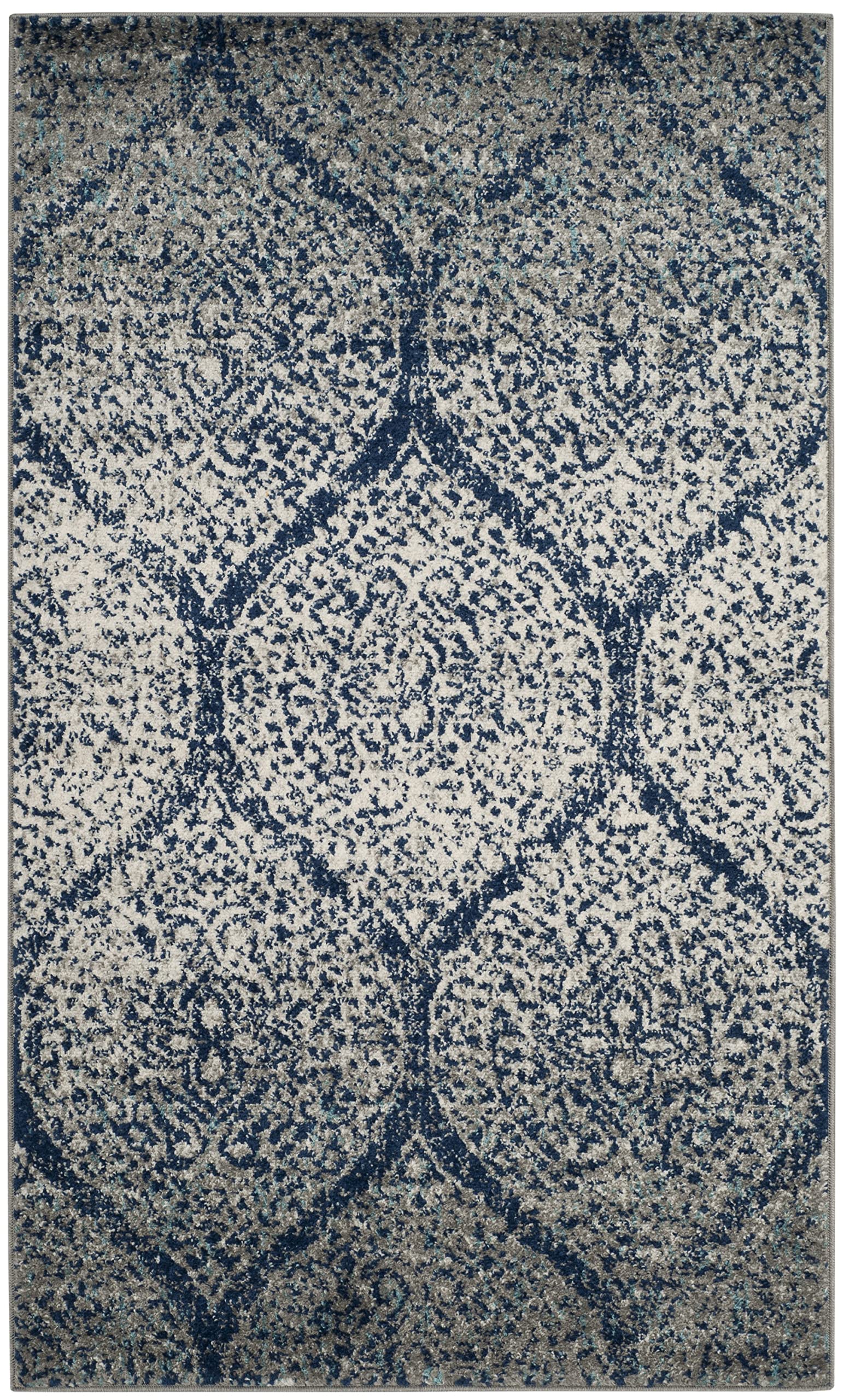 SAFAVIEH Madison Collection Accent Rug - 23 x 4, Navy & Silver, Glam Trellis Distressed Design, Non-Shedding & Easy Care, Idea
