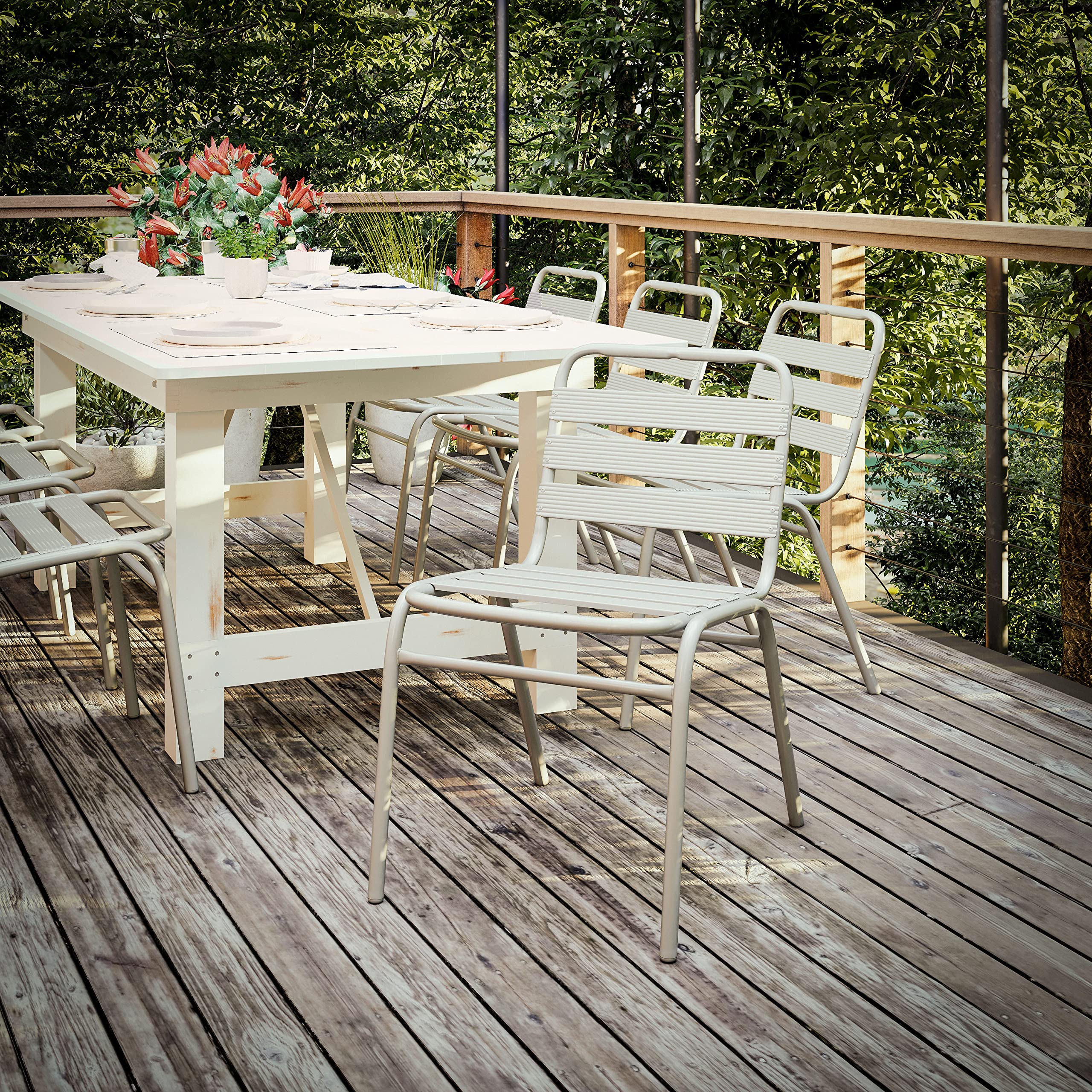Flash Furniture Lila Commercial Silver Indoor-Outdoor Restaurant Stack Chair with Triple Slat Back