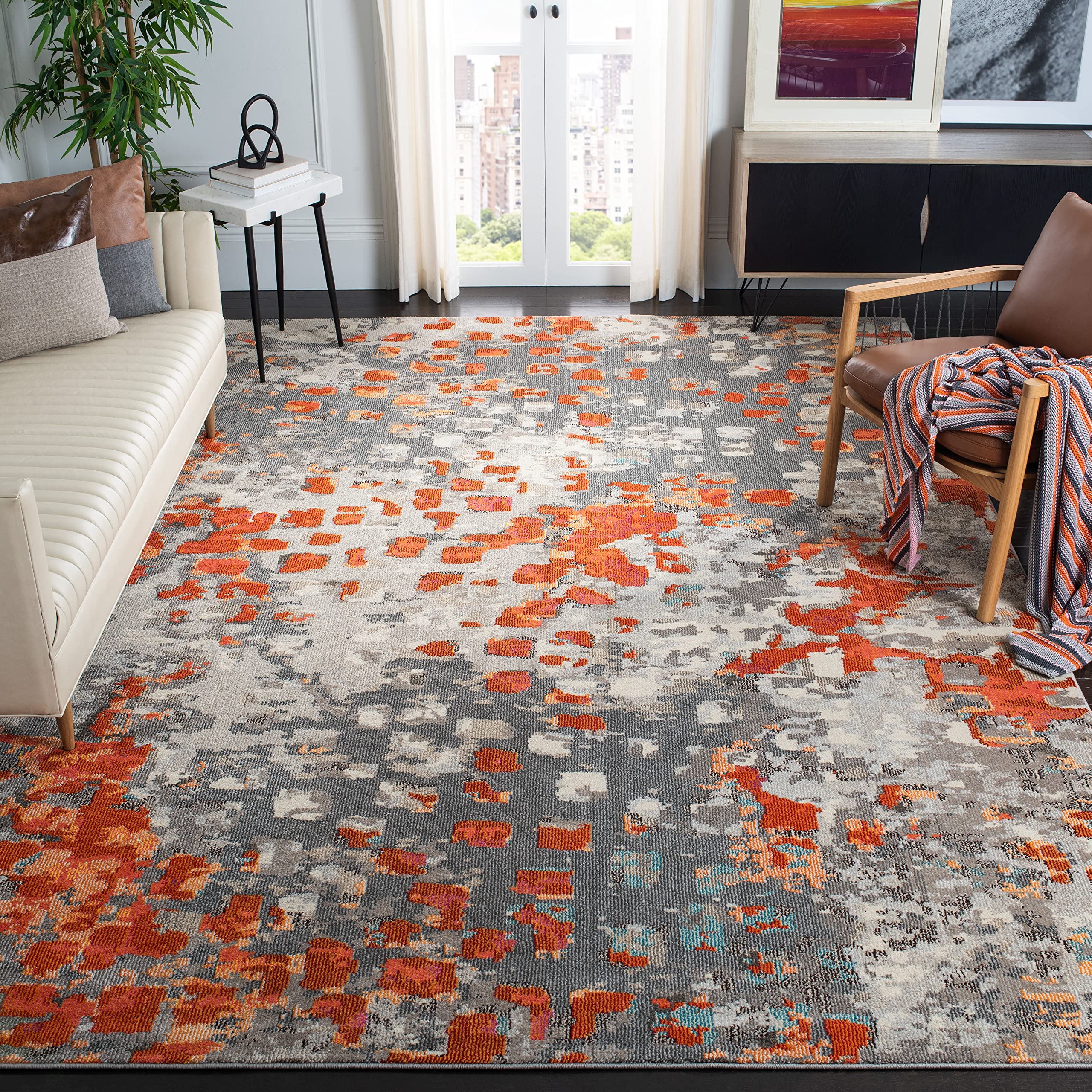 SAFAVIEH Monaco Collection X-Large Area Rug - 11 x 15, Grey & Orange, Boho Chic Abstract Watercolor Design, Non-Shedding & Eas