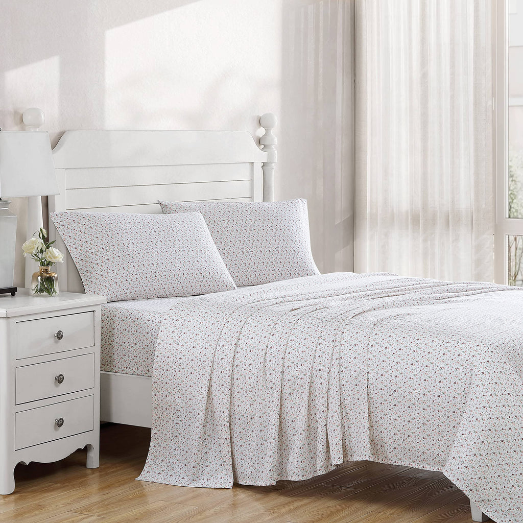Laura Ashley Home - King Sheets, Soft Sateen Cotton Bedding Set - Sleek, Smooth, & Breathable Home Decor, Evie Coral/Pink