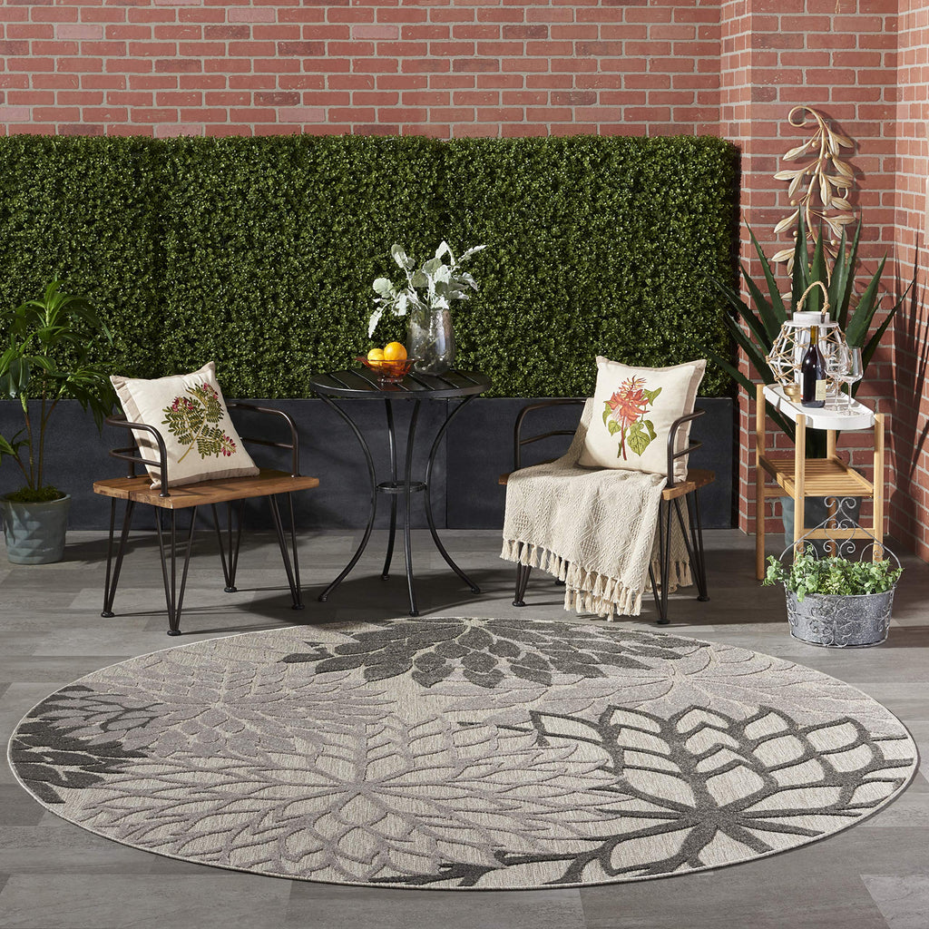 Nourison Aloha Indoor/Outdoor Floral Silver Grey 7'10' X Round Area Rug, (8' Round)