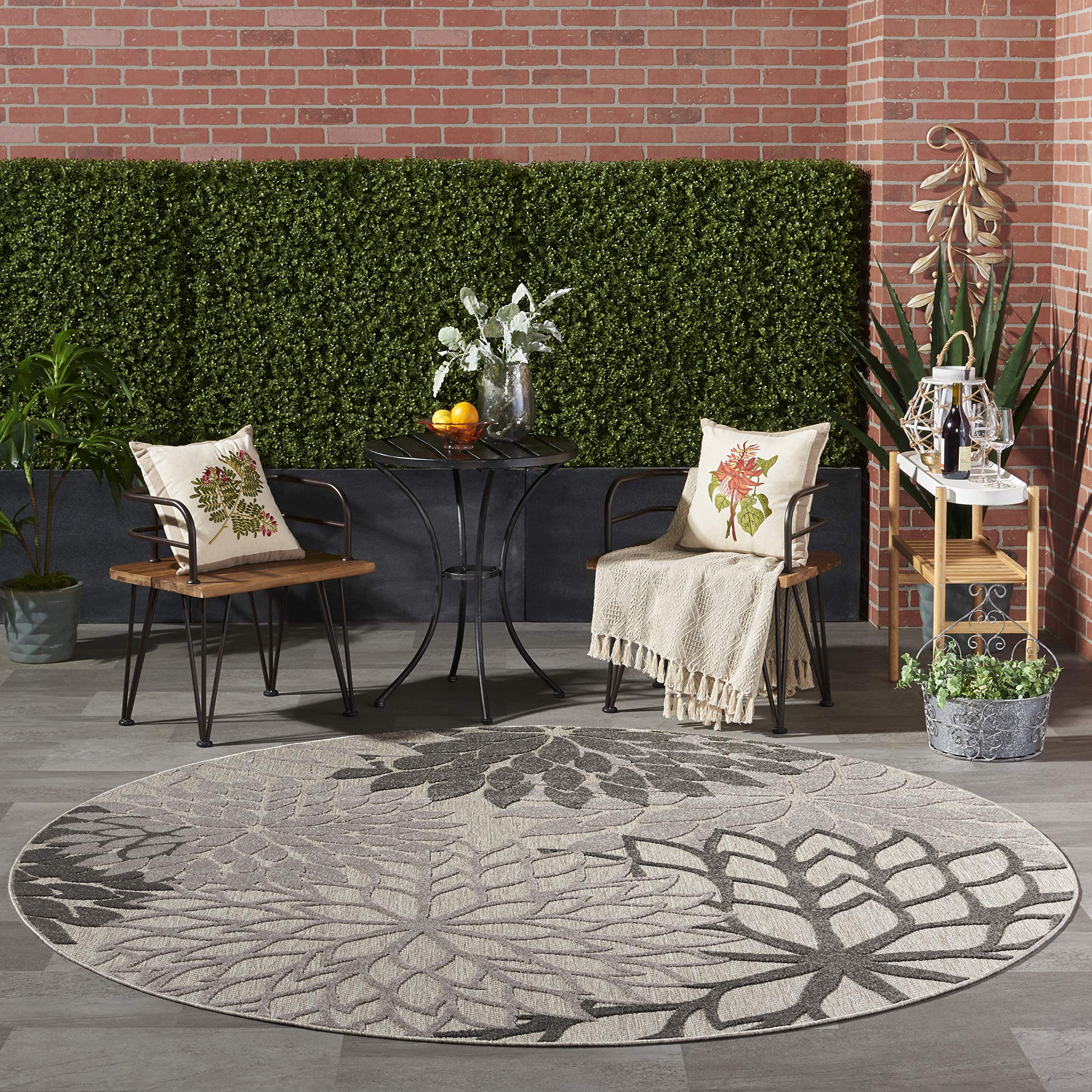 Nourison Aloha Indoor/Outdoor Floral Silver Grey 7'10' X Round Area Rug, (8' Round)