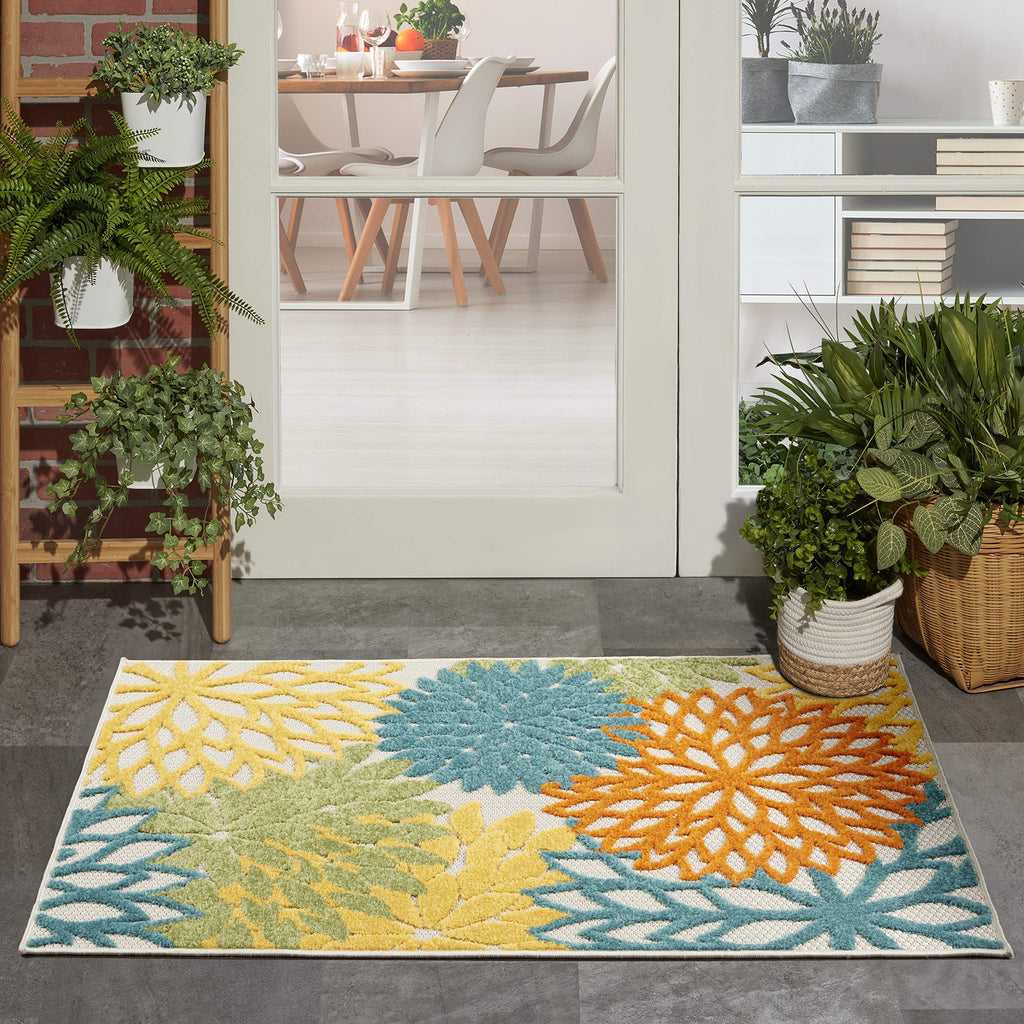 Nourison Aloha Indoor/Outdoor Turquoise/Multicolor 3' X 5' Area Rug, Easy Cleaning, Non Shedding, Bed Room, Living Room, Dining Room, Deck, Backyard, Patio (3X5)