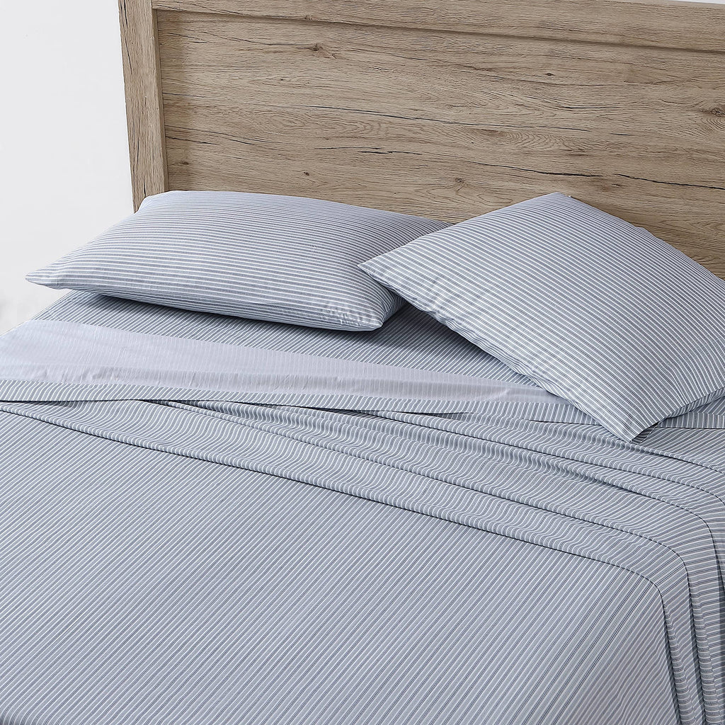 Eddie Bauer Sheets Cotton Percale Bedding Set, Crisp & Cool, Stylish Home Decor, Twin, Ticking Stripe Blue/White