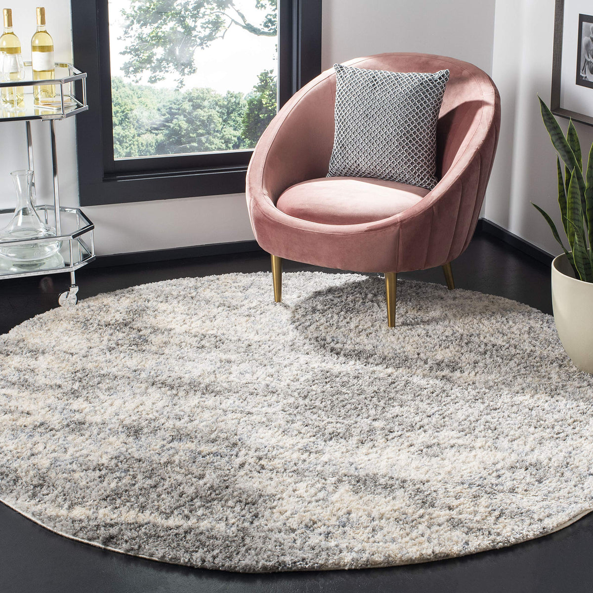 Safavieh Berber Shag Collection 4' Round Grey/Cream BER219G Modern Abstract Non-Shedding Living Room Bedroom Plush 1.2-inch Thic