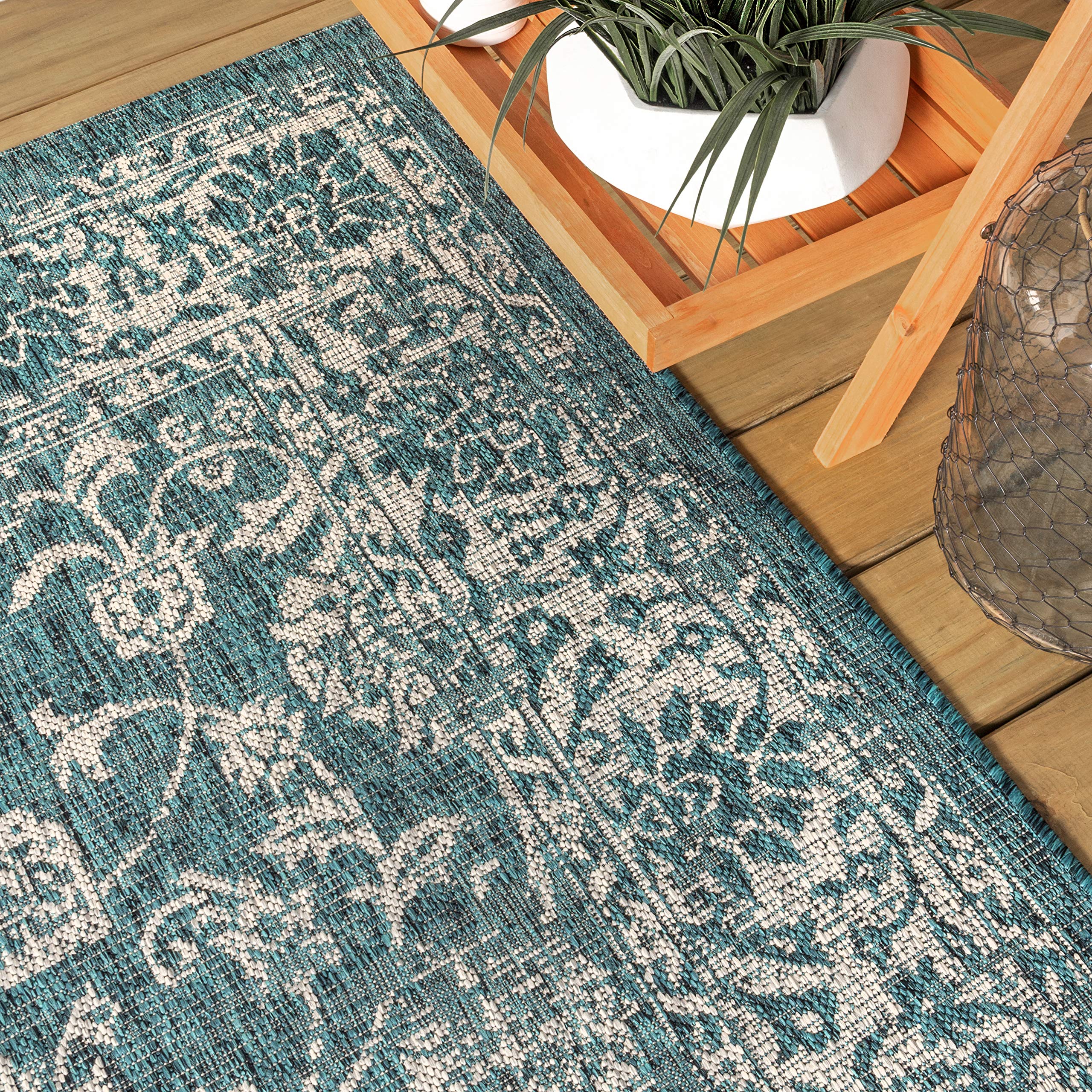 Jonathan Y Smb100C-210 Tela Bohemian Textured Weave Floral Indoor Outdoor Area-Rug Coastal Bohemian Vintage Rustic Glam Easy-Cleaning Bedroom Kitchen Backyard Patio Non Shedding, 2 X 10, Teal/Gray