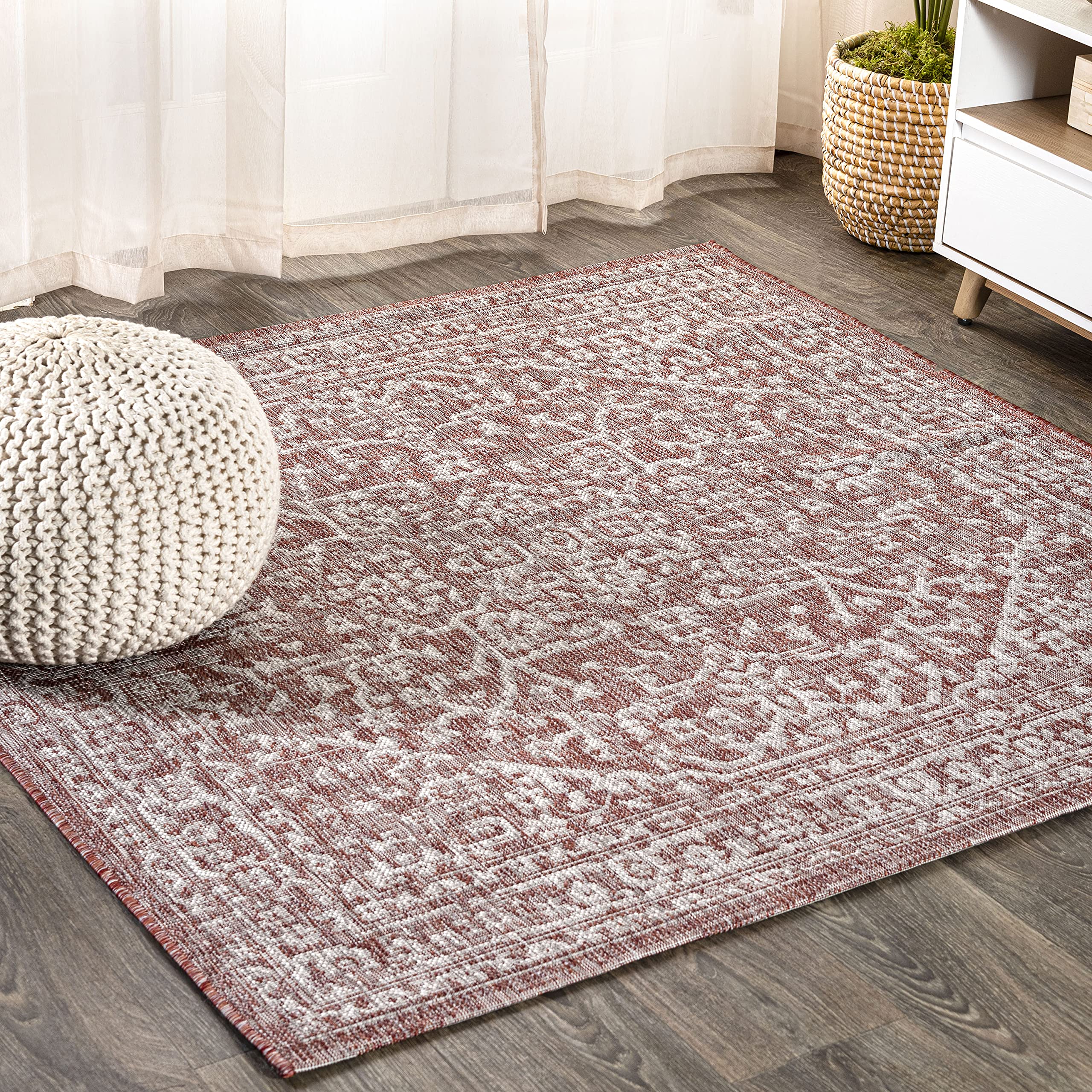 Jonathan Y Smb104A-5Sq Malta Bohemian Medallion Textured Weave Indoor Outdoor Area Rug, Coastal,Traditional,Transitional Easy Clean,Bedroom,Kitchen,Backyard,Patio, Non-Shed, Red/Taupe, 5' Square