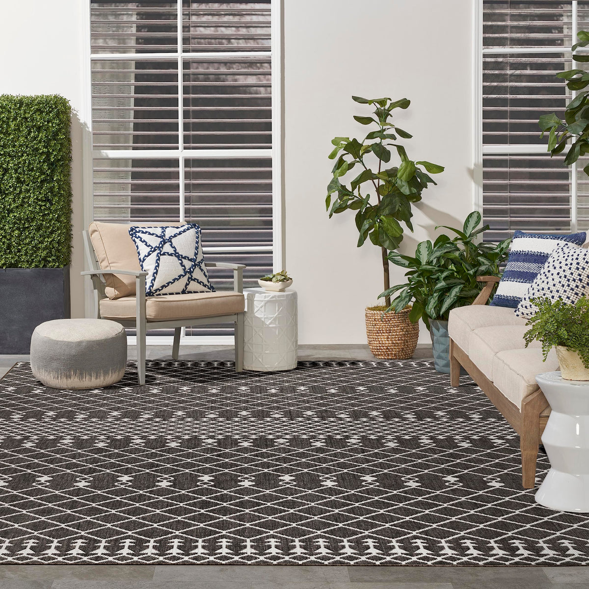 Nourison Positano Indoor/Outdoor Black 9' X 12' Area Rug, Easy Cleaning, Non Shedding, Bed Room, Living Room, Dining Room, Backy
