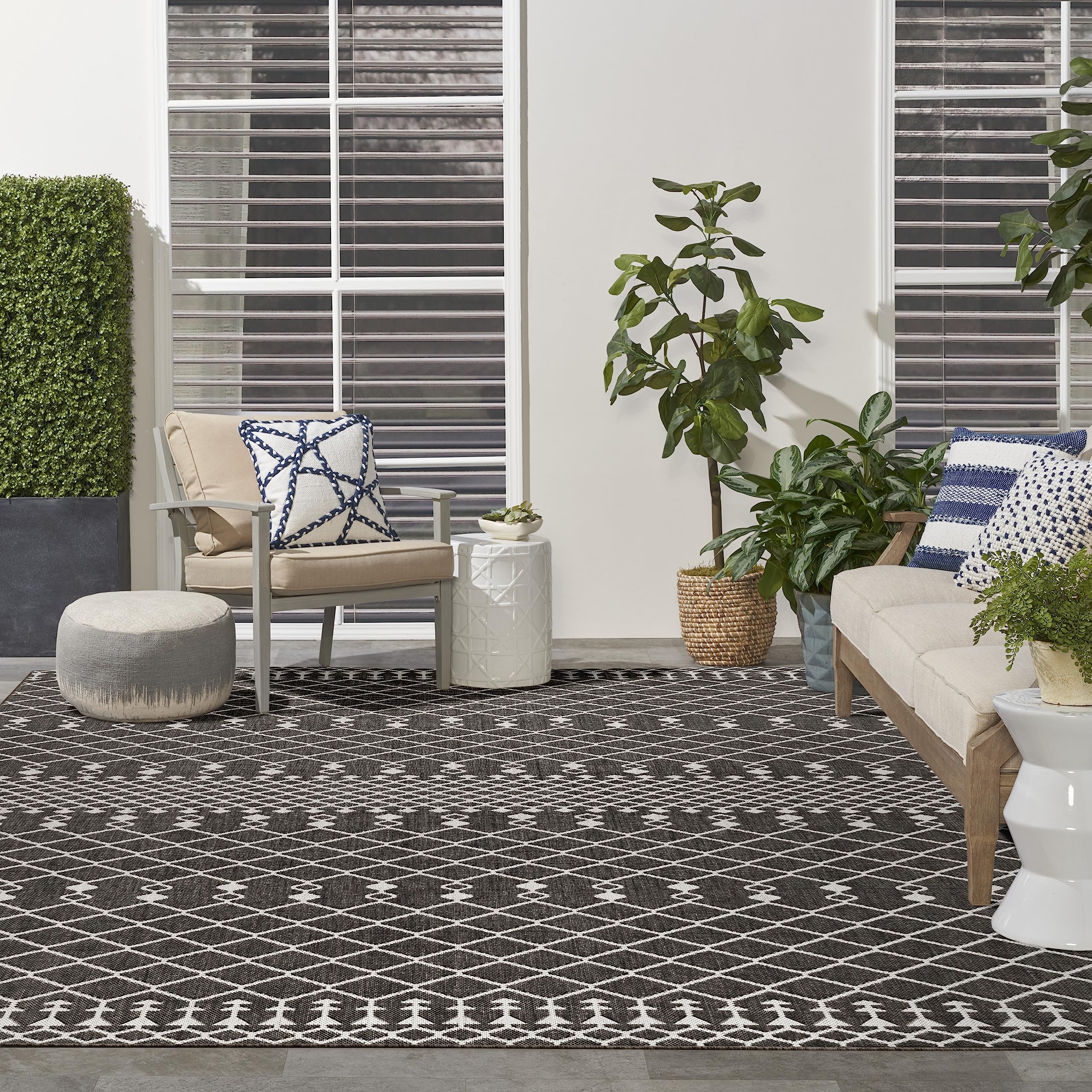 Nourison Positano Indoor/Outdoor Black 9' X 12' Area Rug, Easy Cleaning, Non Shedding, Bed Room, Living Room, Dining Room, Backy