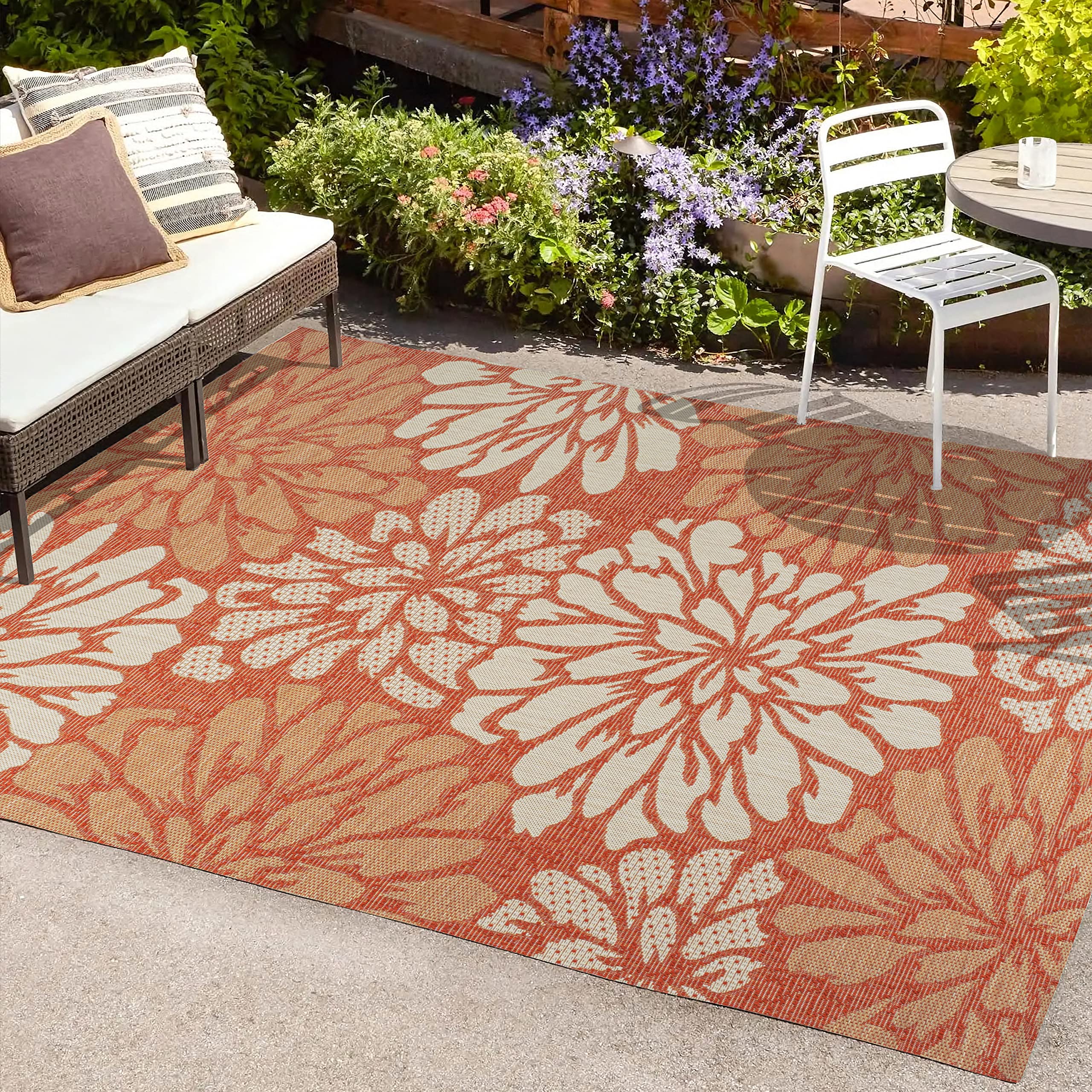 Jonathan Y Smb110E-8 Zinnia Modern Floral Textured Weave Indoor Outdoor Area-Rug, Bohemian Coastal Mediterranean Easy-Cleaning,Bedroom,Kitchen,Backyard,Patio,Non Shedding, 8 X 10, Orange/Cream