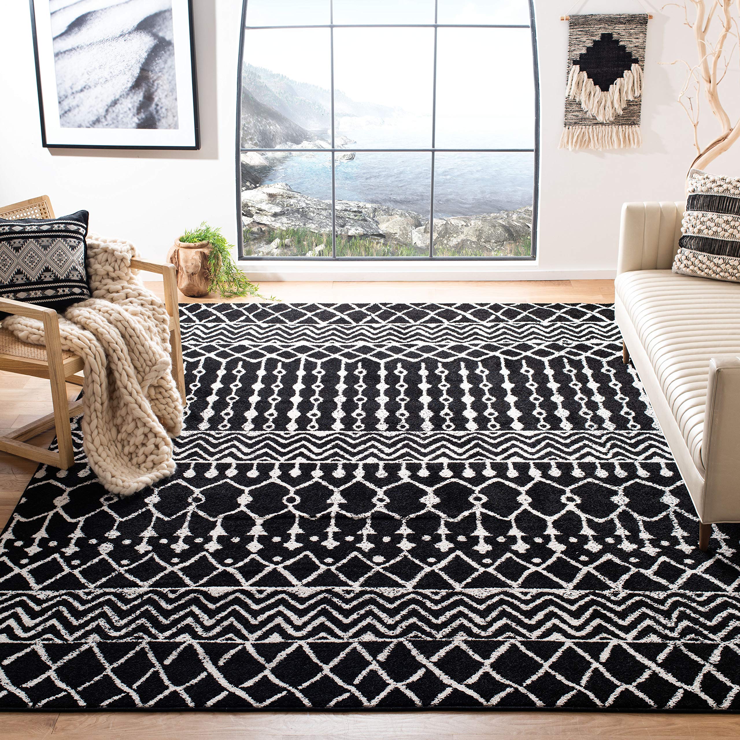 SAFAVIEH Tulum Collection Area Rug - 9 x 12, Black & Ivory, Moroccan Boho Distressed Design, Non-Shedding & Easy Care, Ideal f