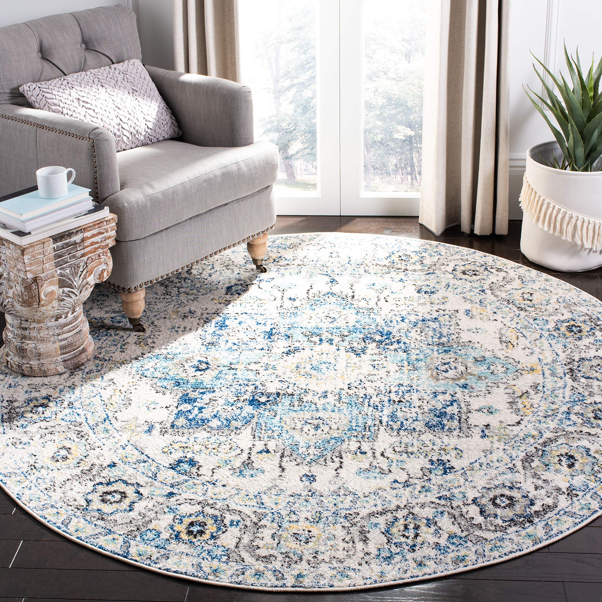 SAFAVIEH Madison Collection 53 Round Turquoise/Ivory MAD603K Oriental Snowflake Medallion Distressed Non-Shedding Dining Room E