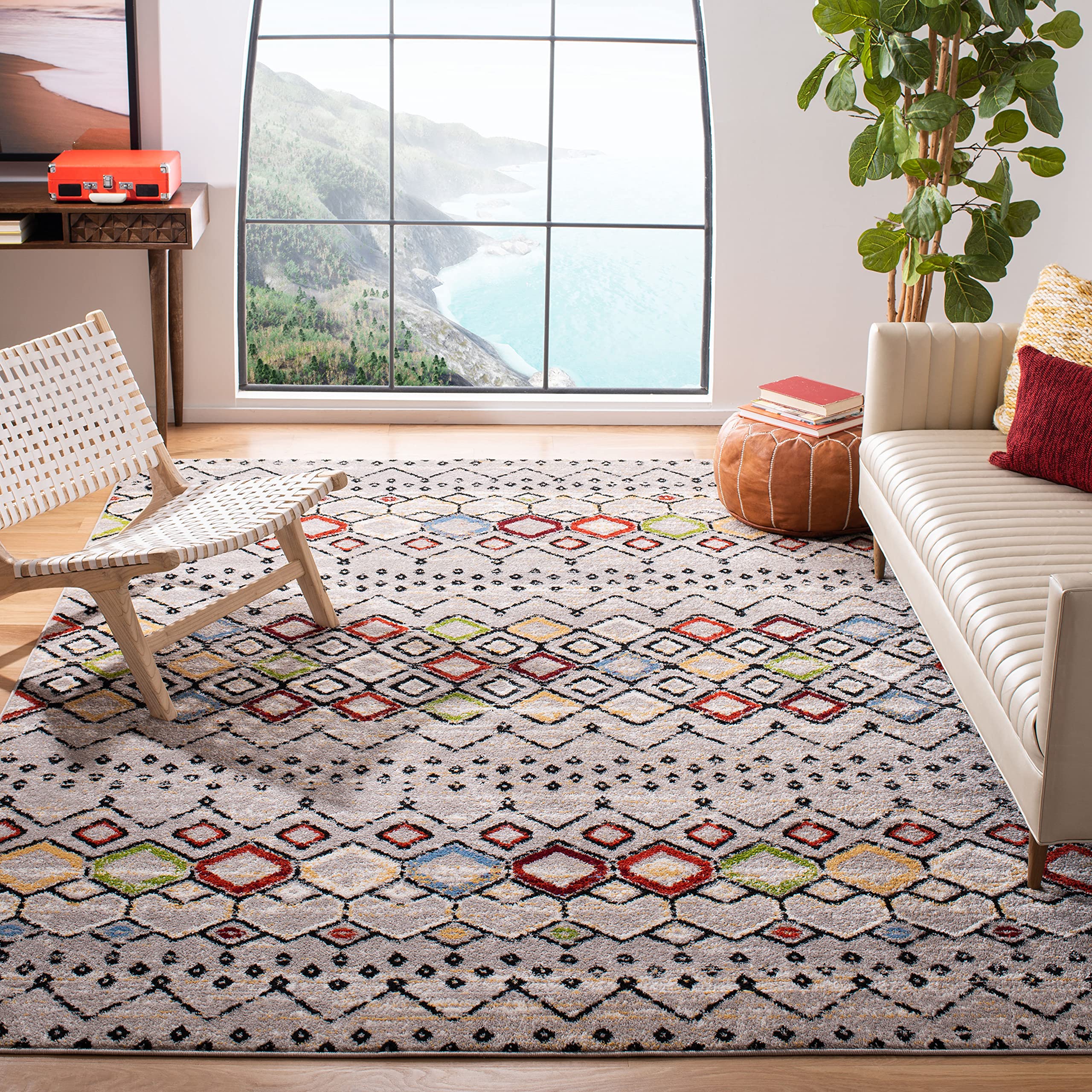SAFAVIEH Amsterdam Collection Area Rug - 9' x 12', Light Grey & Multi, Moroccan Boho Design, Non-Shedding & Easy Care, Ideal for