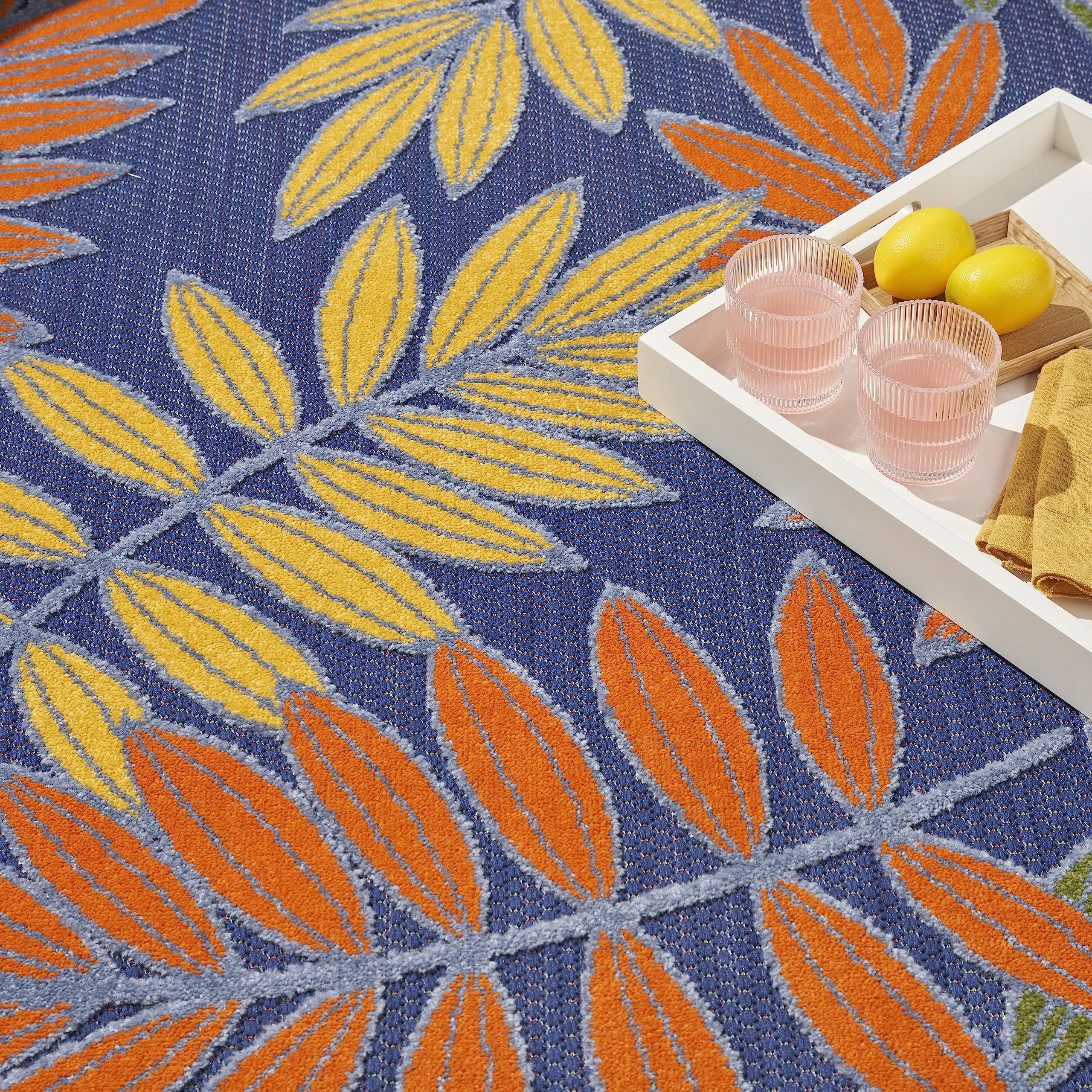 Nourison Aloha Indoor-Outdoor Navy Multicolor 6' X 9' Area Rug, Easy Cleaning, Non Shedding, Bed Room, Living Room, Dining Room, Backyard, Deck, Patio (6X9)